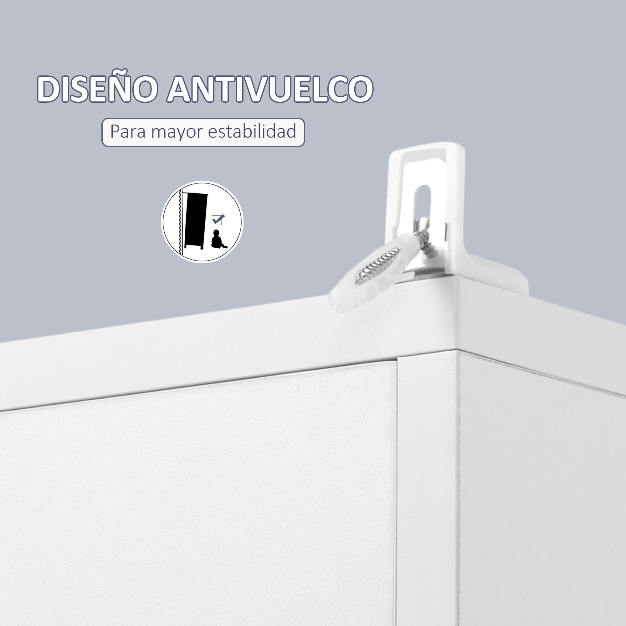Esquina de mueble blanca con soporte antivuelco, tornillo y diagrama de fijación a la pared.