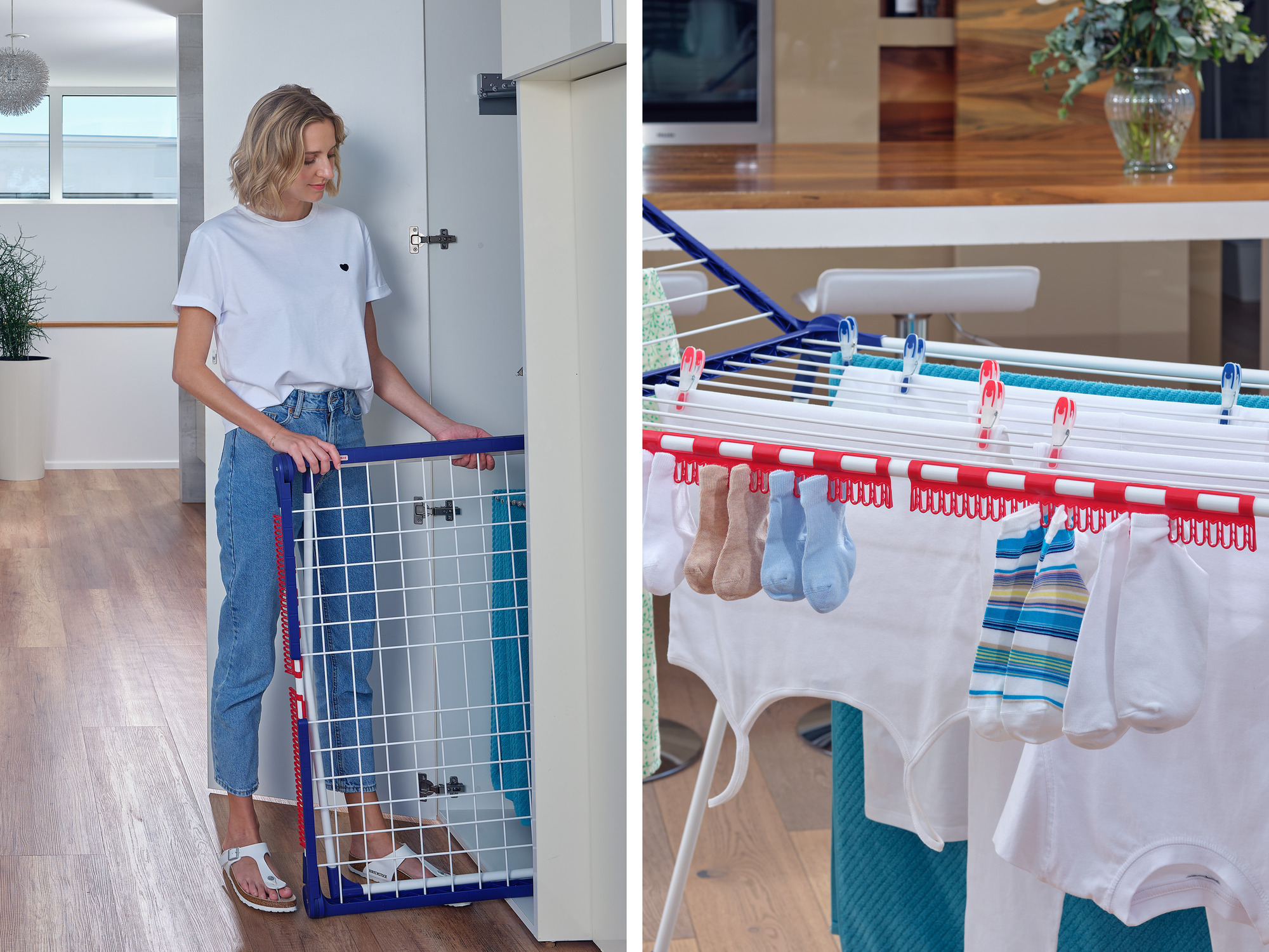 Una donna in maglietta bianca e jeans ripone uno stendibiancheria blu da un armadio; i vestiti sono appesi a destra.