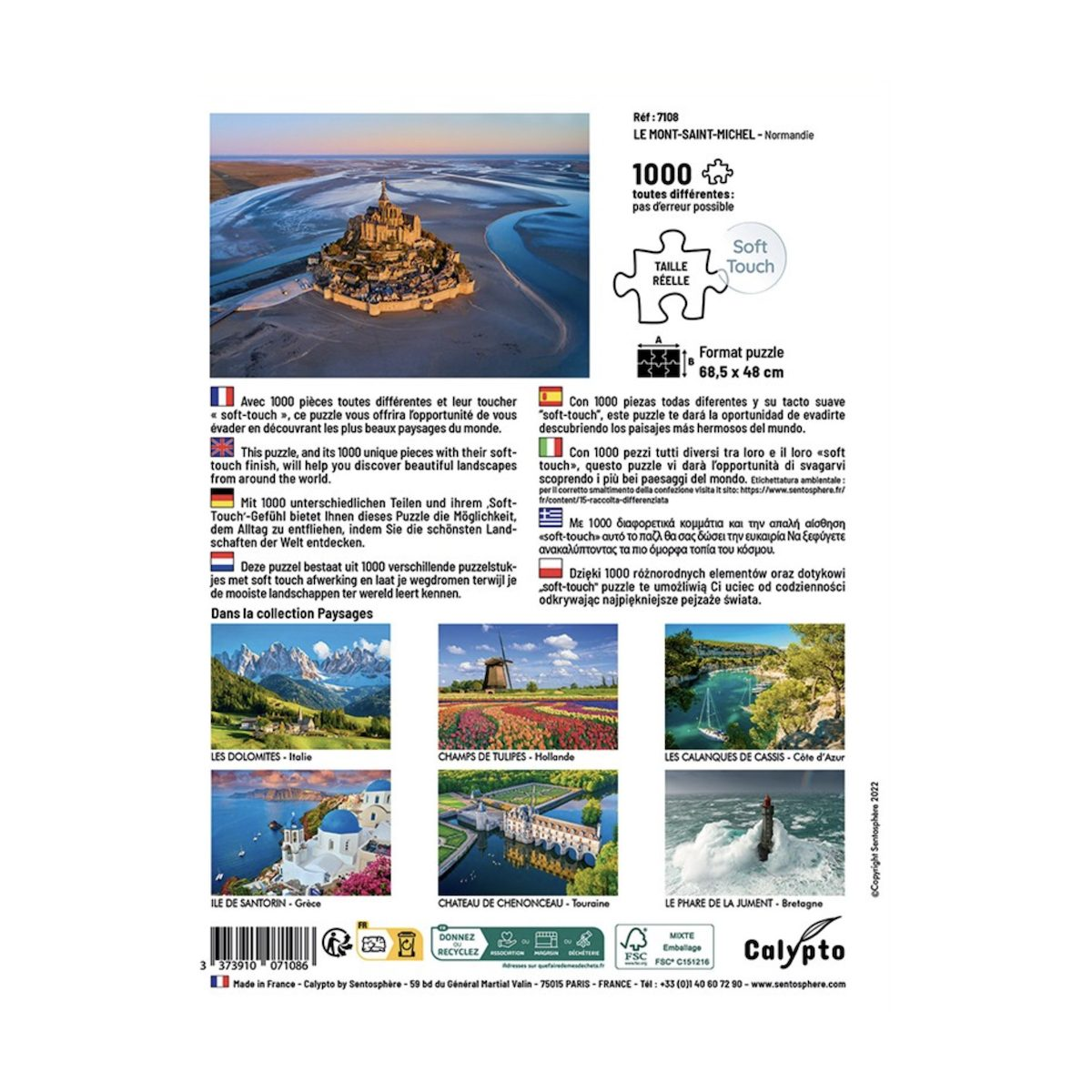 Rückseite einer 1000-Teile-Puzzle-Schachtel mit Mont-Saint-Michel und kleineren Landschaftsbildern.