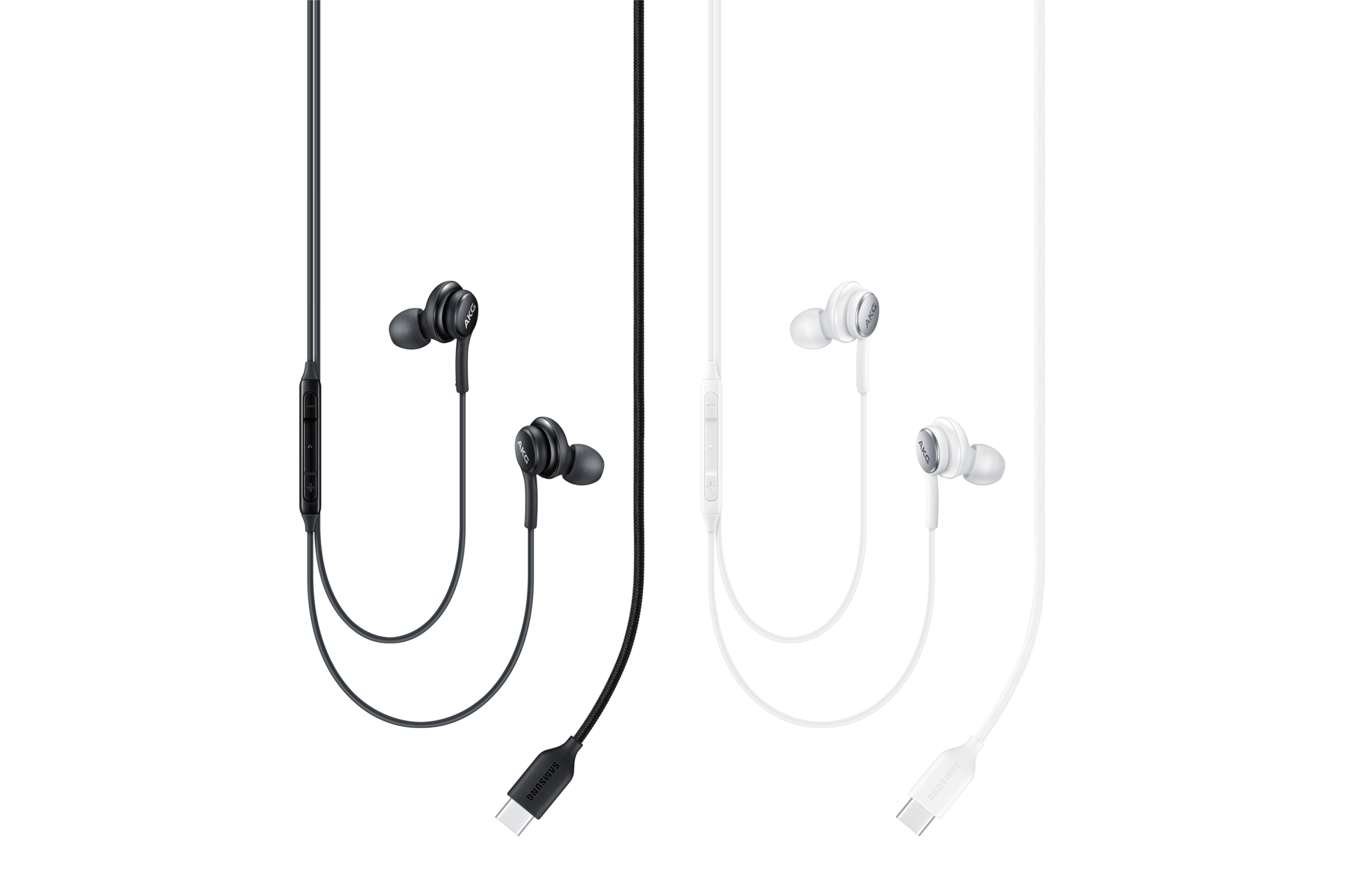 Dwie pary słuchawek USB-C, czarna i biała, wiszą na czarnym tle.