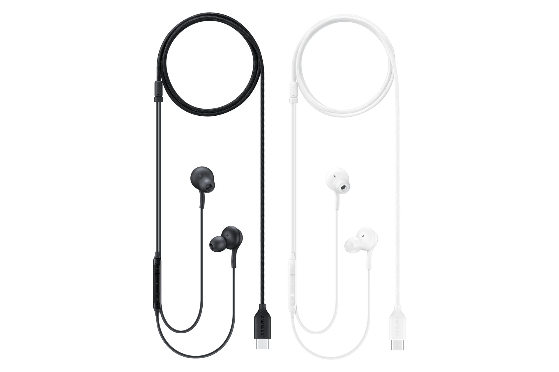 Dwie pary czarnych i białych słuchawek USB-C z plecionymi kablami i pilotem na czarnym tle.