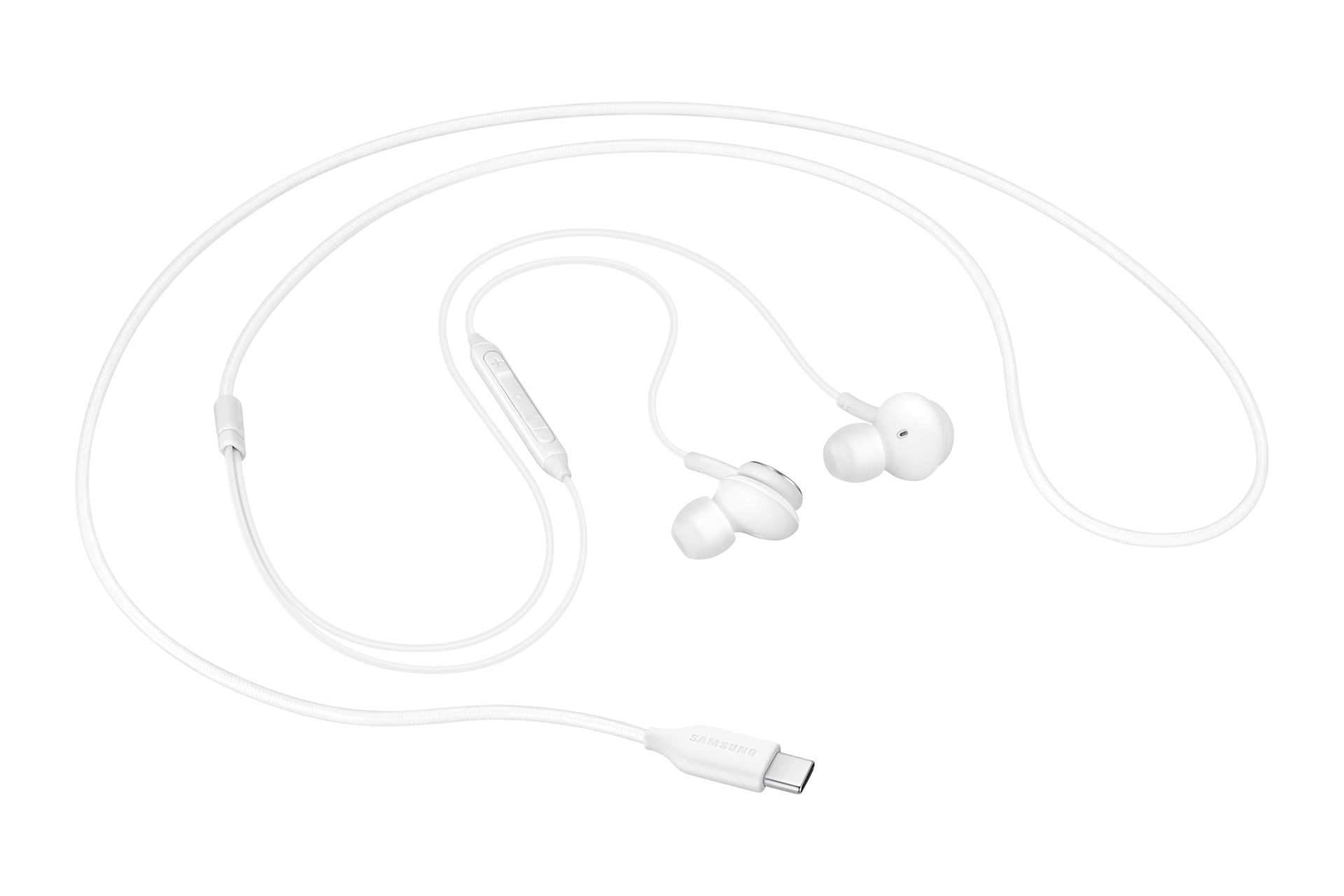 Białe słuchawki douszne Samsung ze złączem USB-C na czarnym tle.