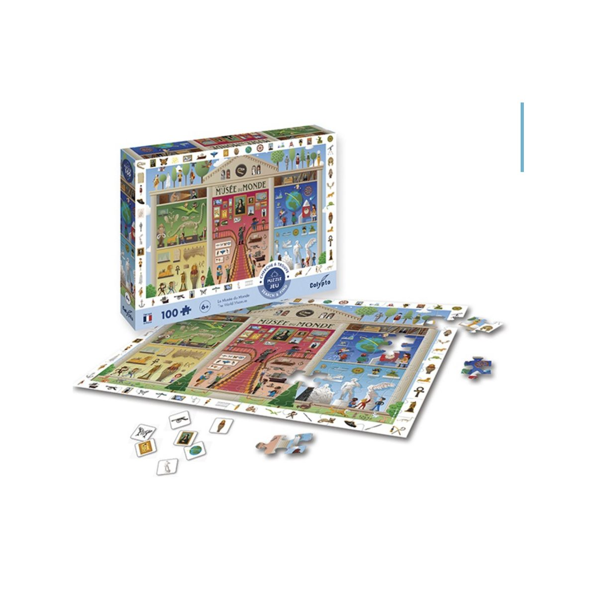 Ein 100-teiliges Weltmuseum-Puzzle zeigt eine Museumsfassade mit verschiedenen Ausstellungen und losen Teilen.