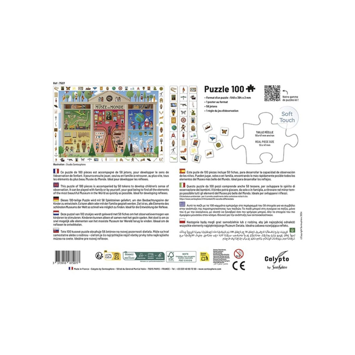 Rückseite einer 100-Teile-Puzzle-Verpackung mit Illustrationen und mehrsprachigem Text.