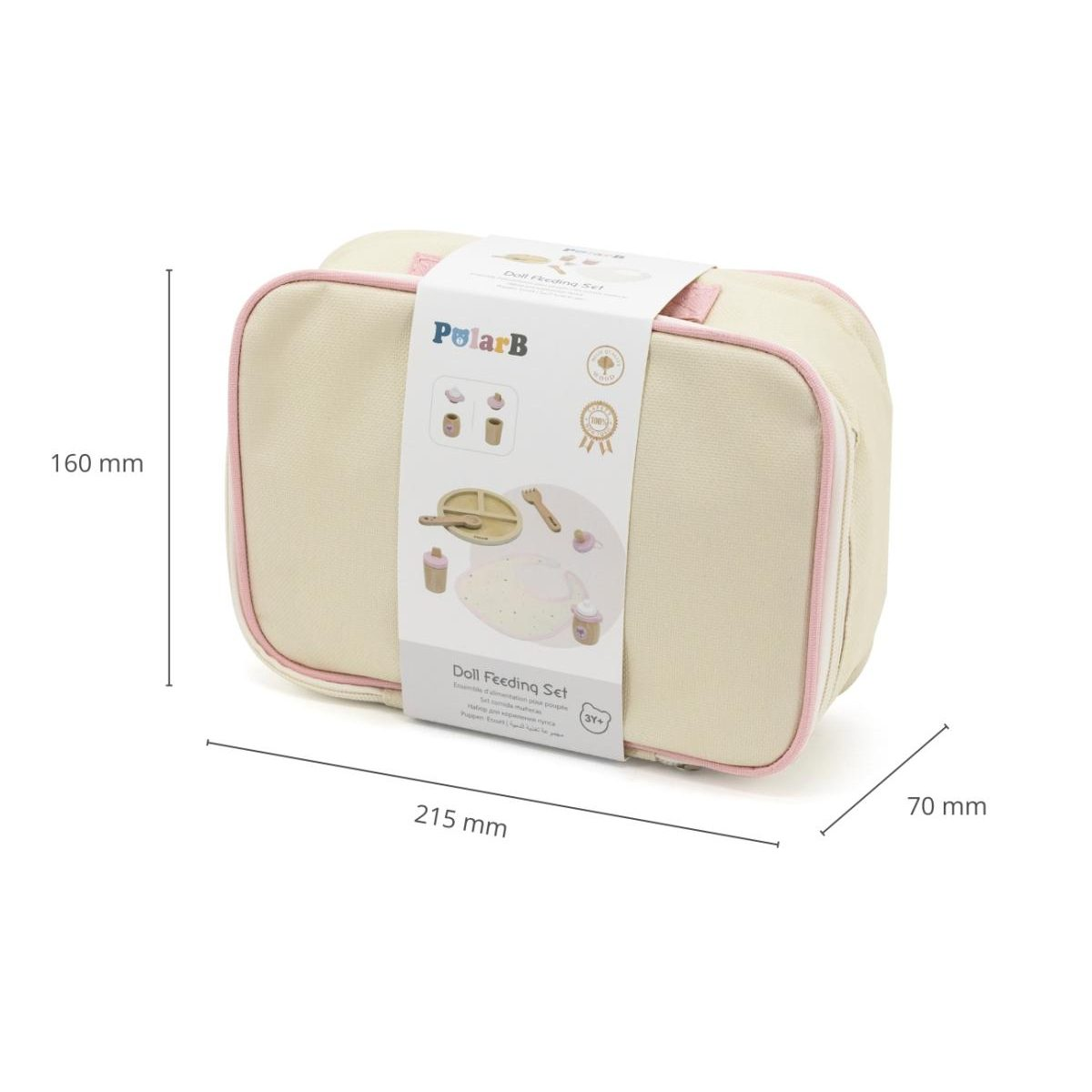 Ein beige Puppenfütterungsset mit pinken Akzenten und den Maßen 215x160x70 mm.