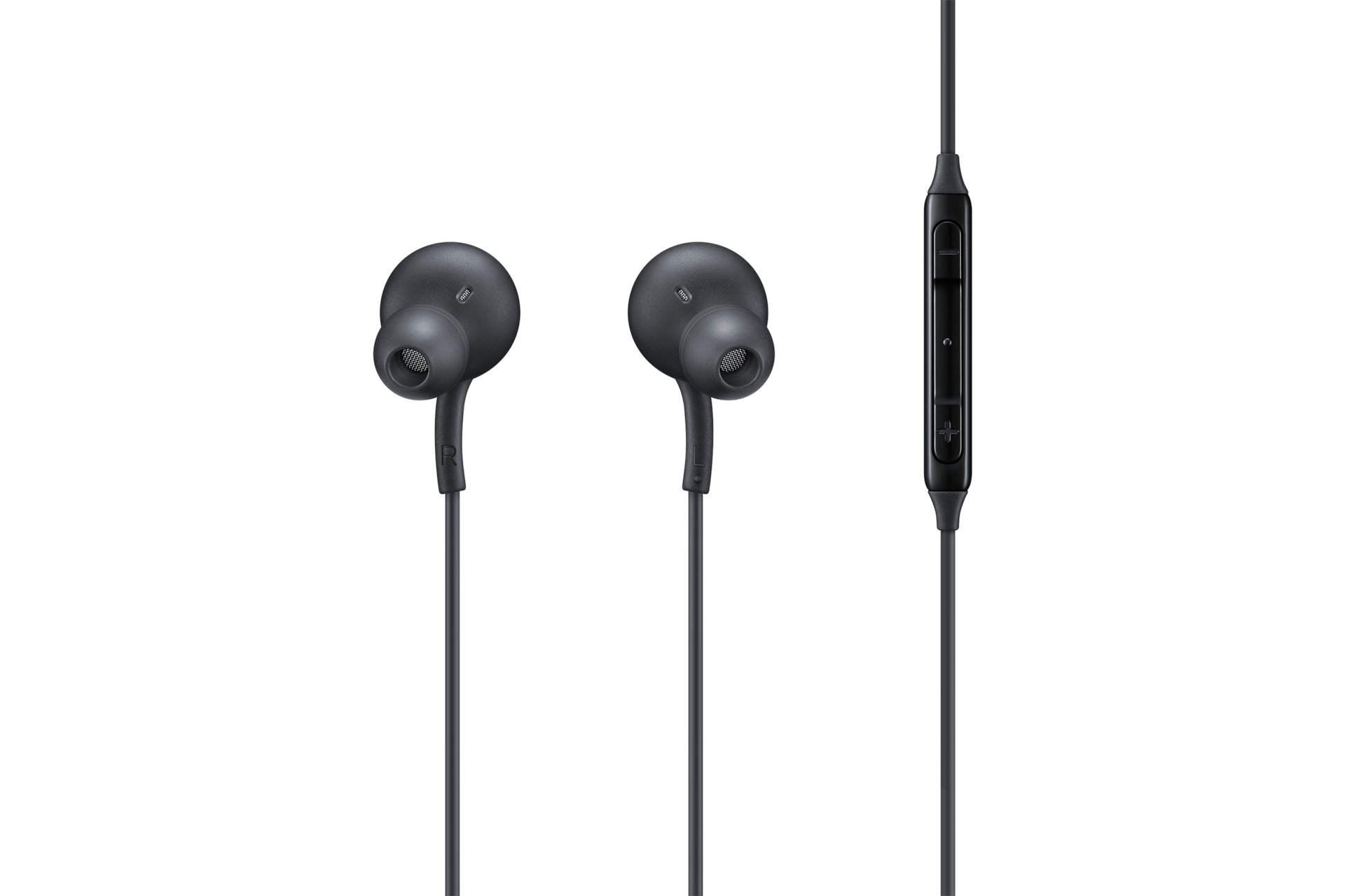 Auricolari in-ear neri con cavo e controllo del volume integrato su sfondo nero.