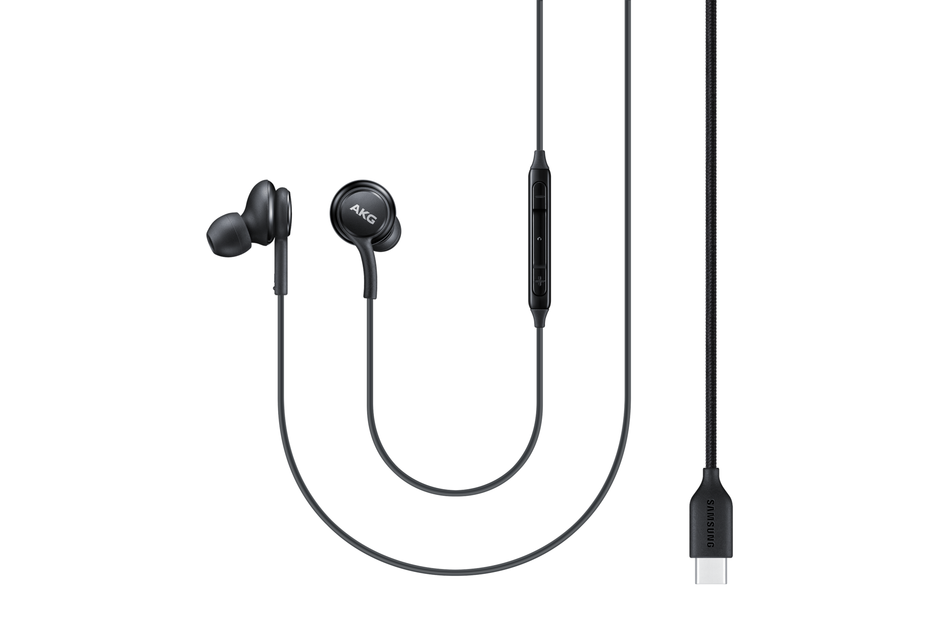 Auricolari in-ear AKG neri con connettore USB-C e telecomando integrato su sfondo nero.