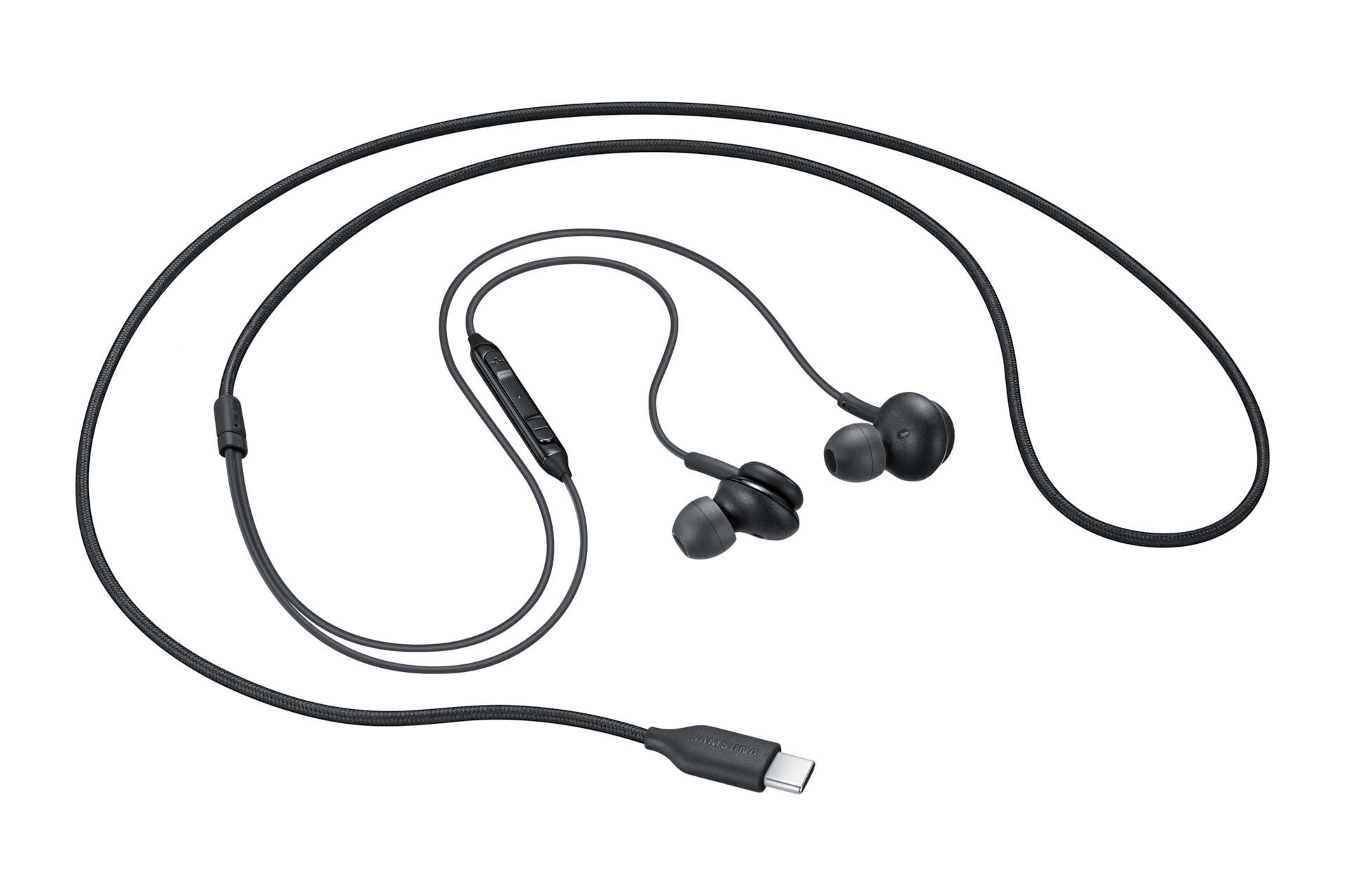 Auricolari in-ear Samsung neri con connettore USB-C e cavo in tessuto su sfondo nero.