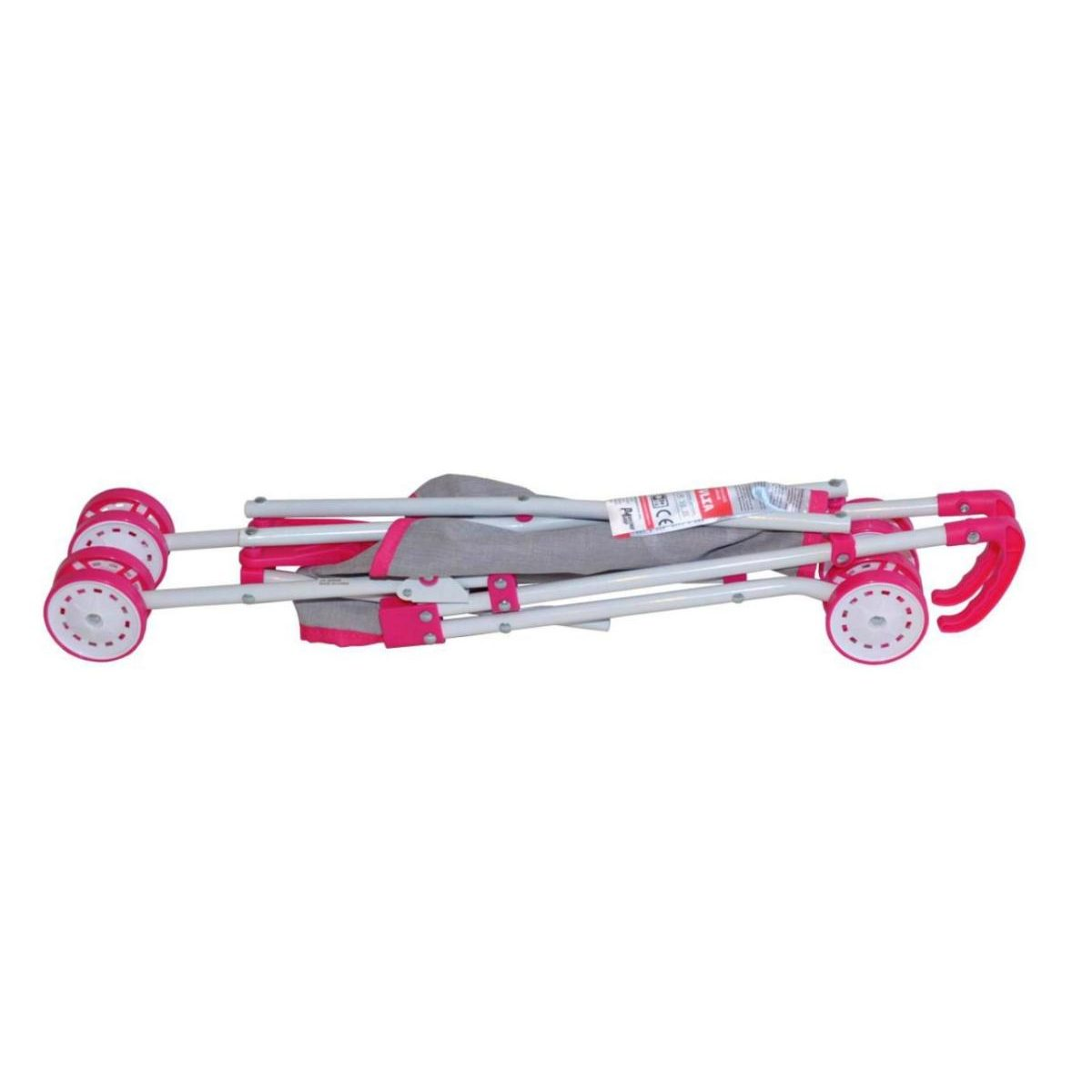 Ein zusammengeklappter Kinderwagen mit grautuch und pinken Elementen auf weißem Hintergrund.