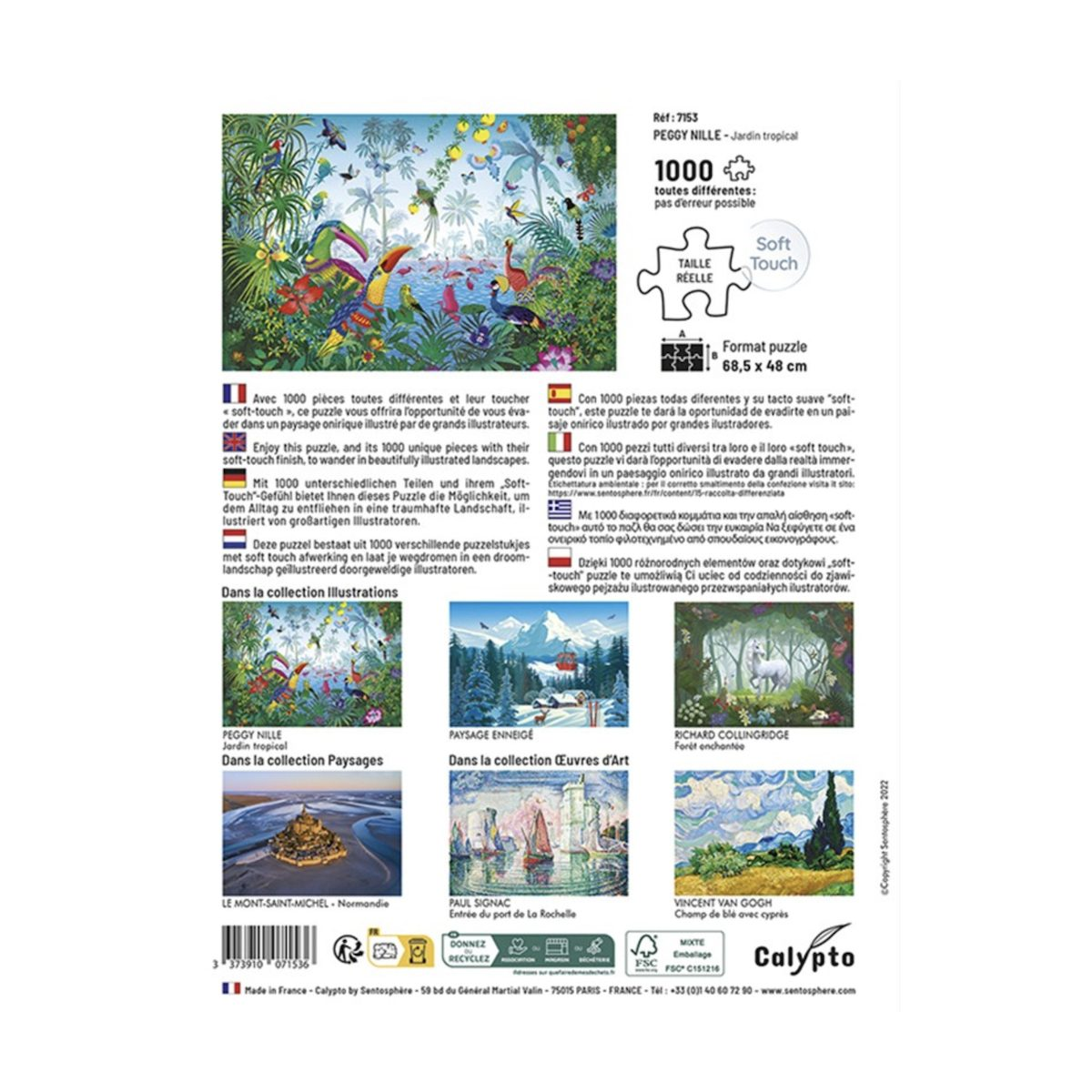 Rückseite einer Puzzle-Schachtel mit 1000 Teilen, tropischem Design und anderen Vorschlägen.