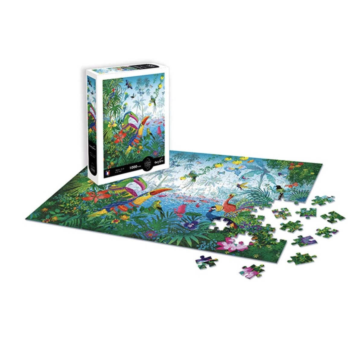 Ein teilweise zusammengesetztes Dschungel-Puzzle neben seiner Schachtel mit Tukanen und üppiger Vegetation.