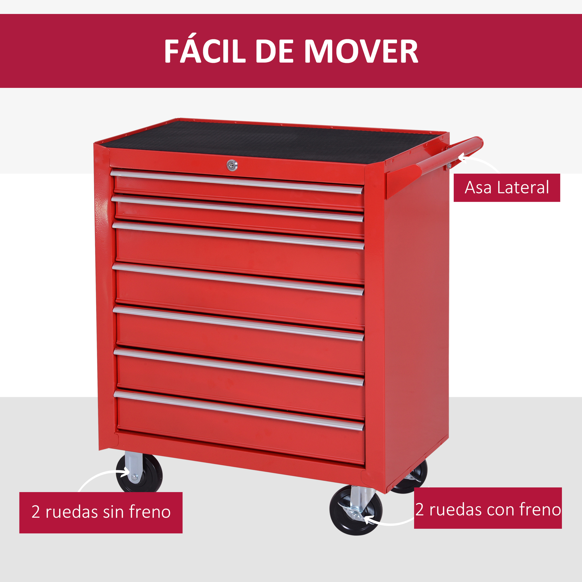 Carro de herramientas rojo con siete cajones, asa lateral y cuatro ruedas, dos con freno.
