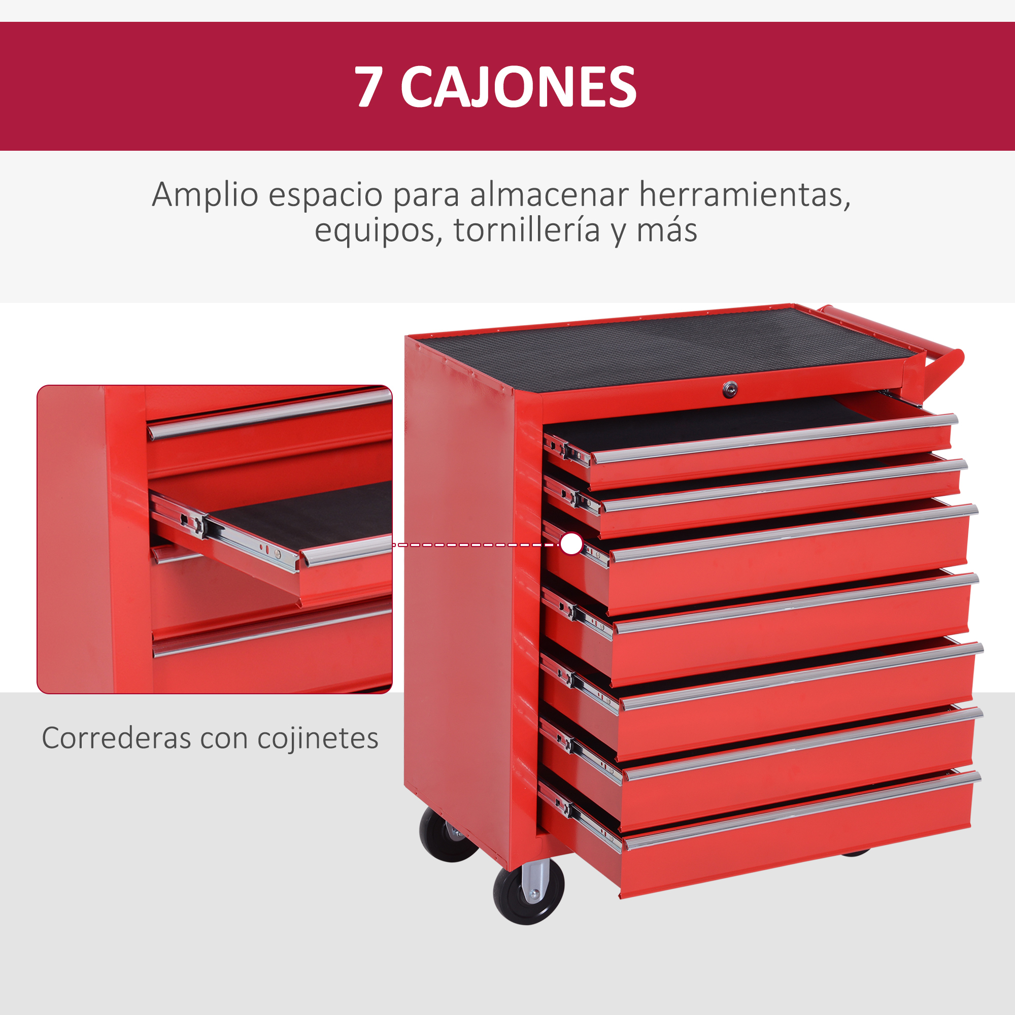 Un carrito de herramientas rojo con siete cajones y guías con rodamientos, ideal para almacenar herramientas y equipos.