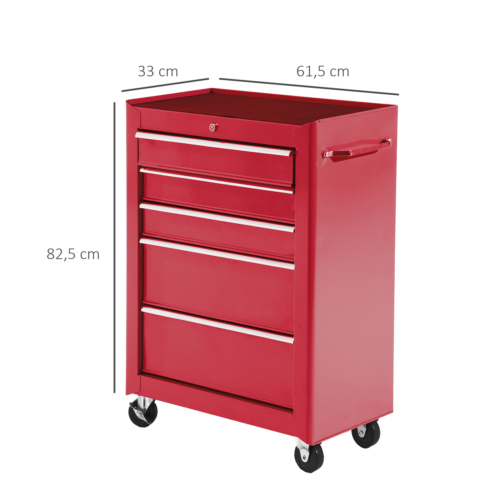 Un armario de herramientas rojo con cinco cajones, cuatro ruedas y dimensiones de 33 cm, 61,5 cm y 82,5 cm.