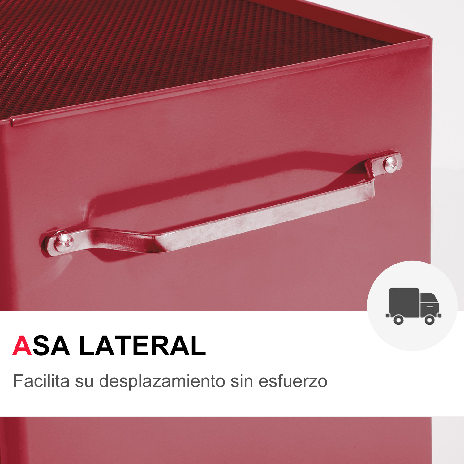 Contenedor de metal rojo con asa plateada y texto blanco.