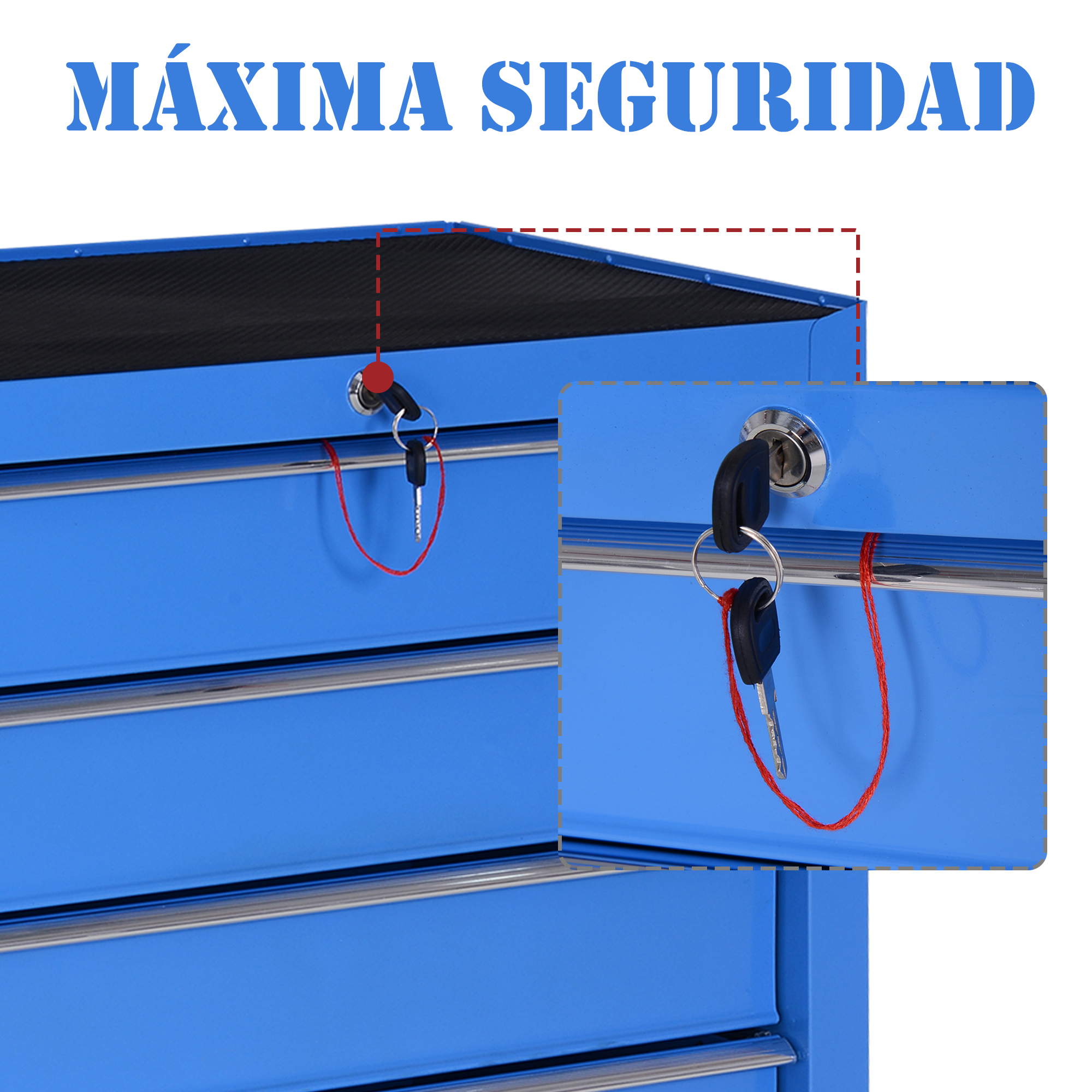 Un carro de herramientas azul con llaves en la cerradura y el texto MAXIMA SEGURIDAD.