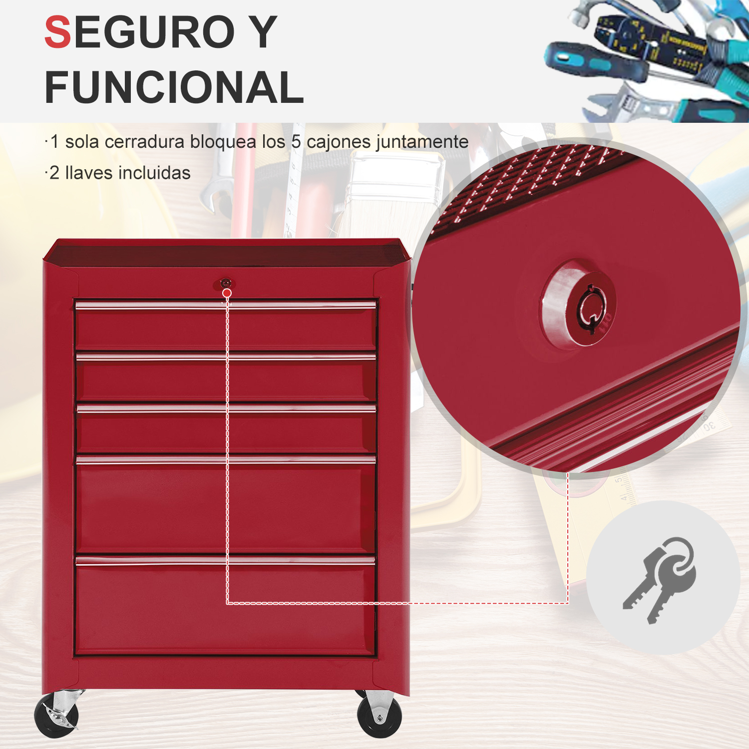 Un gabinete de herramientas rojo con cinco cajones, una cerradura y dos llaves sobre fondo de madera.