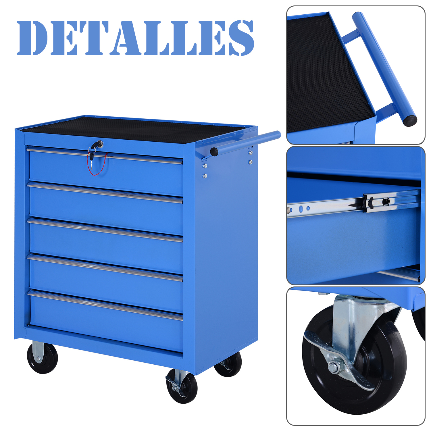 Un carro de herramientas azul con cinco cajones, asa y ruedas giratorias, con detalles de sus partes.