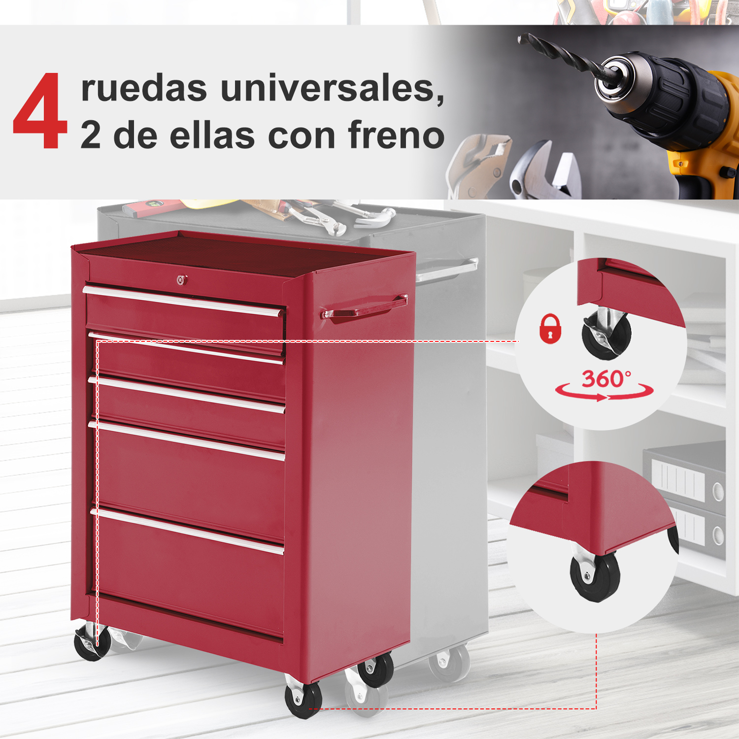 Un carro de herramientas rojo con cinco cajones y cuatro ruedas giratorias, dos con frenos, sobre un fondo blanco.