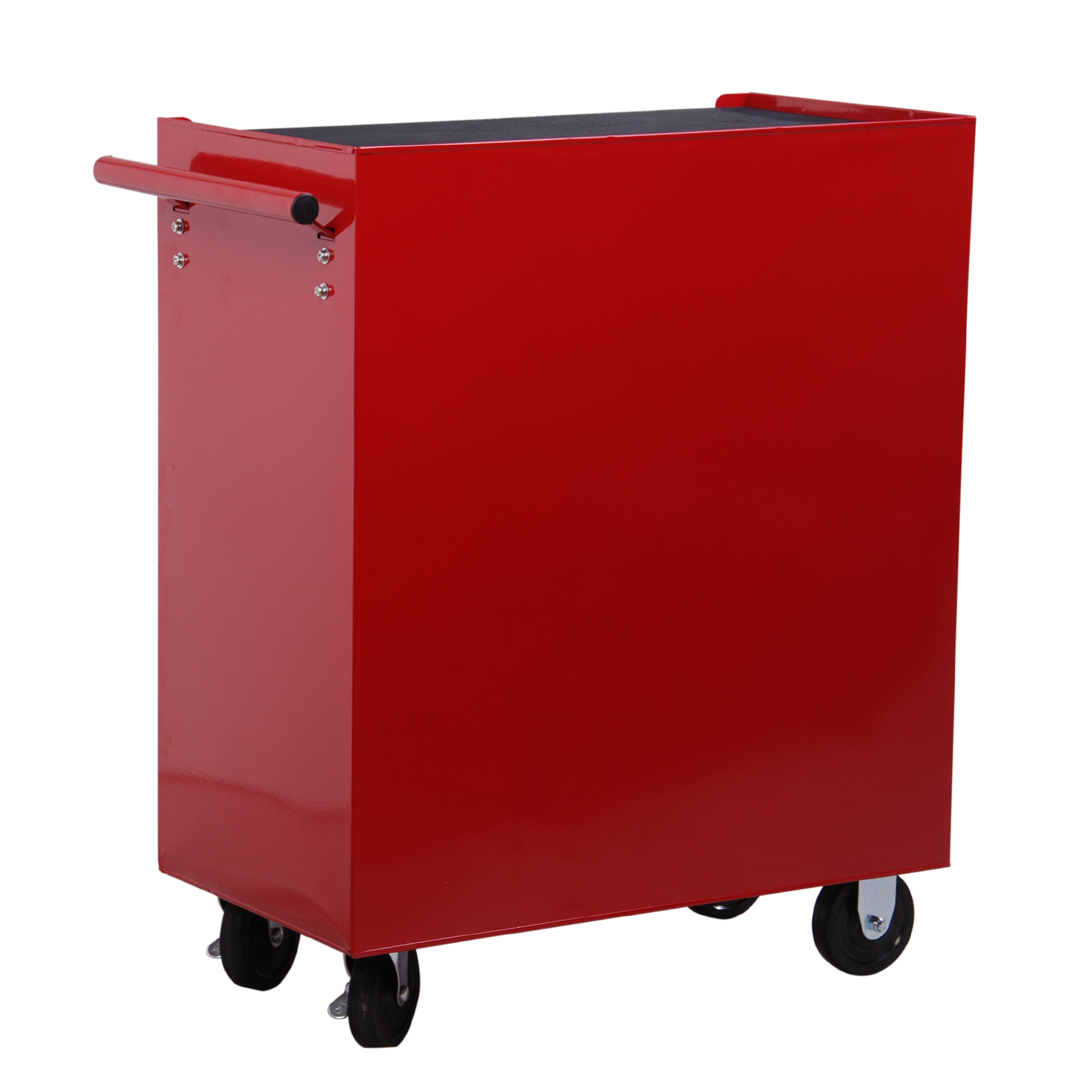 Un carrito utilitario de metal rojo con ruedas negras y un mango en el lateral sobre fondo blanco.