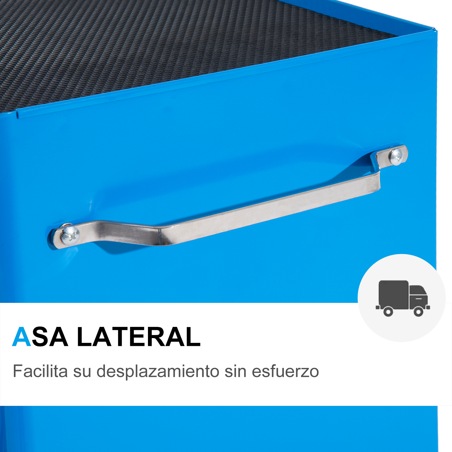 Caja de metal azul con asa metálica y texto Asa Lateral.