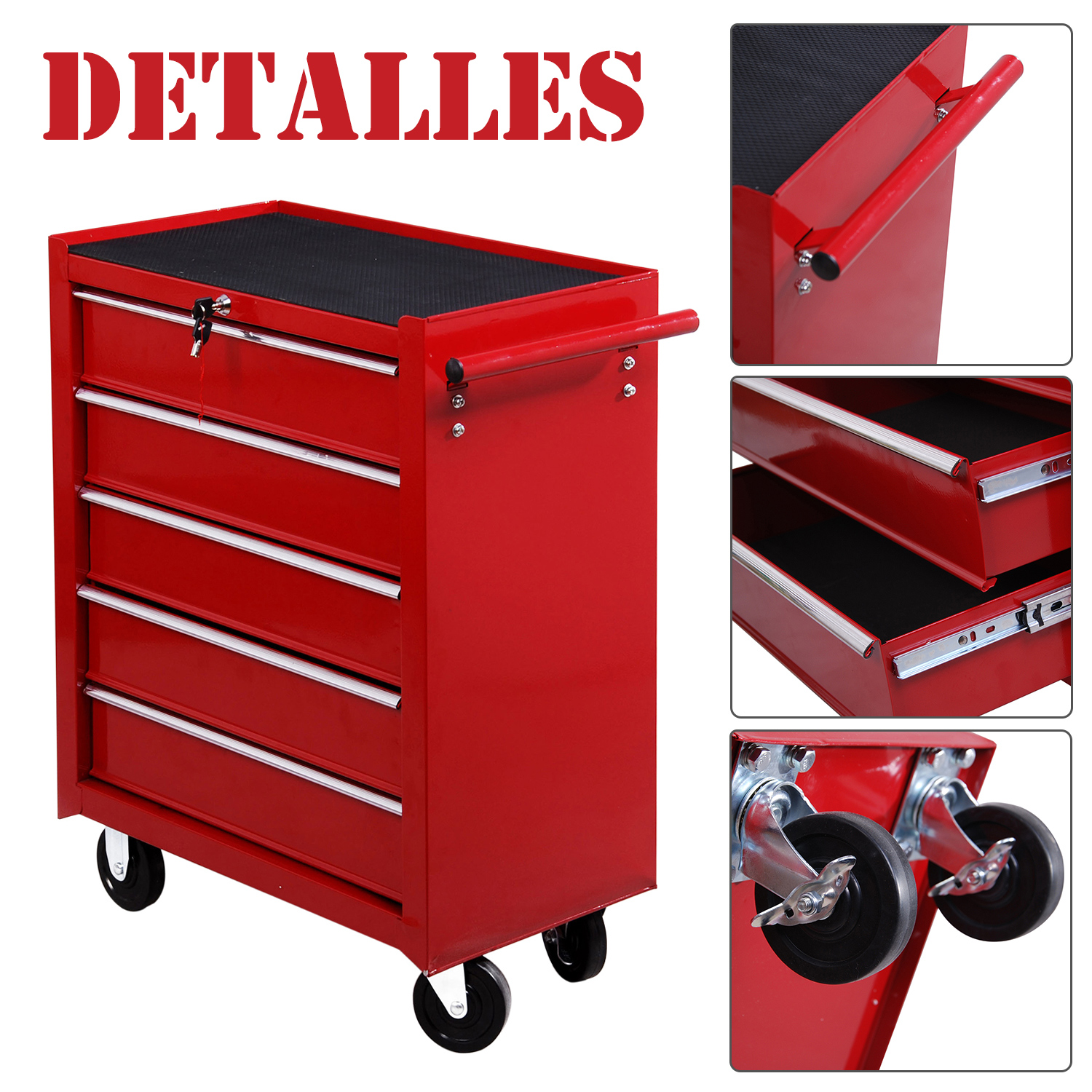 Un carrito de herramientas rojo de metal con ruedas, cinco cajones, un asa y tres detalles en miniatura.