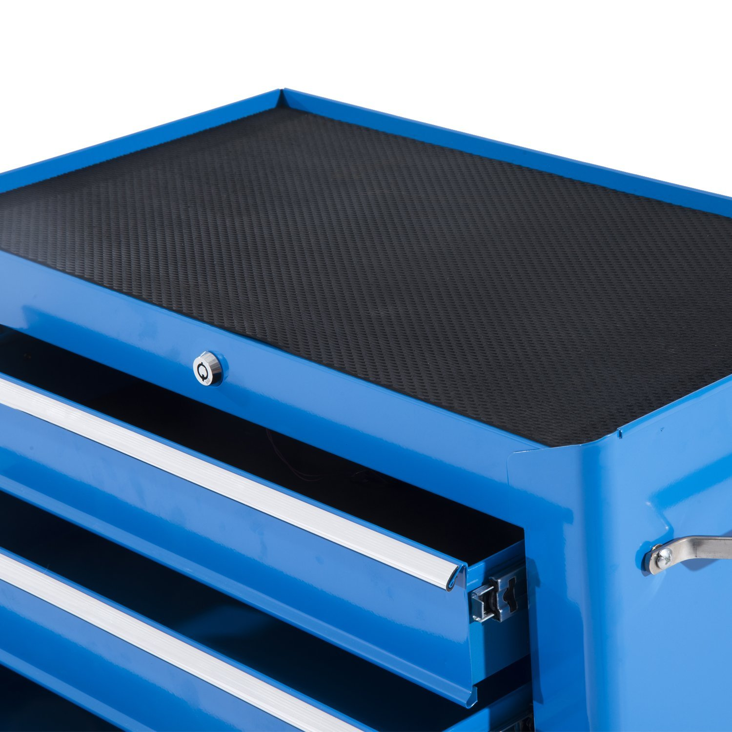 Un carro de herramientas azul con el cajón superior abierto y superficie negra.