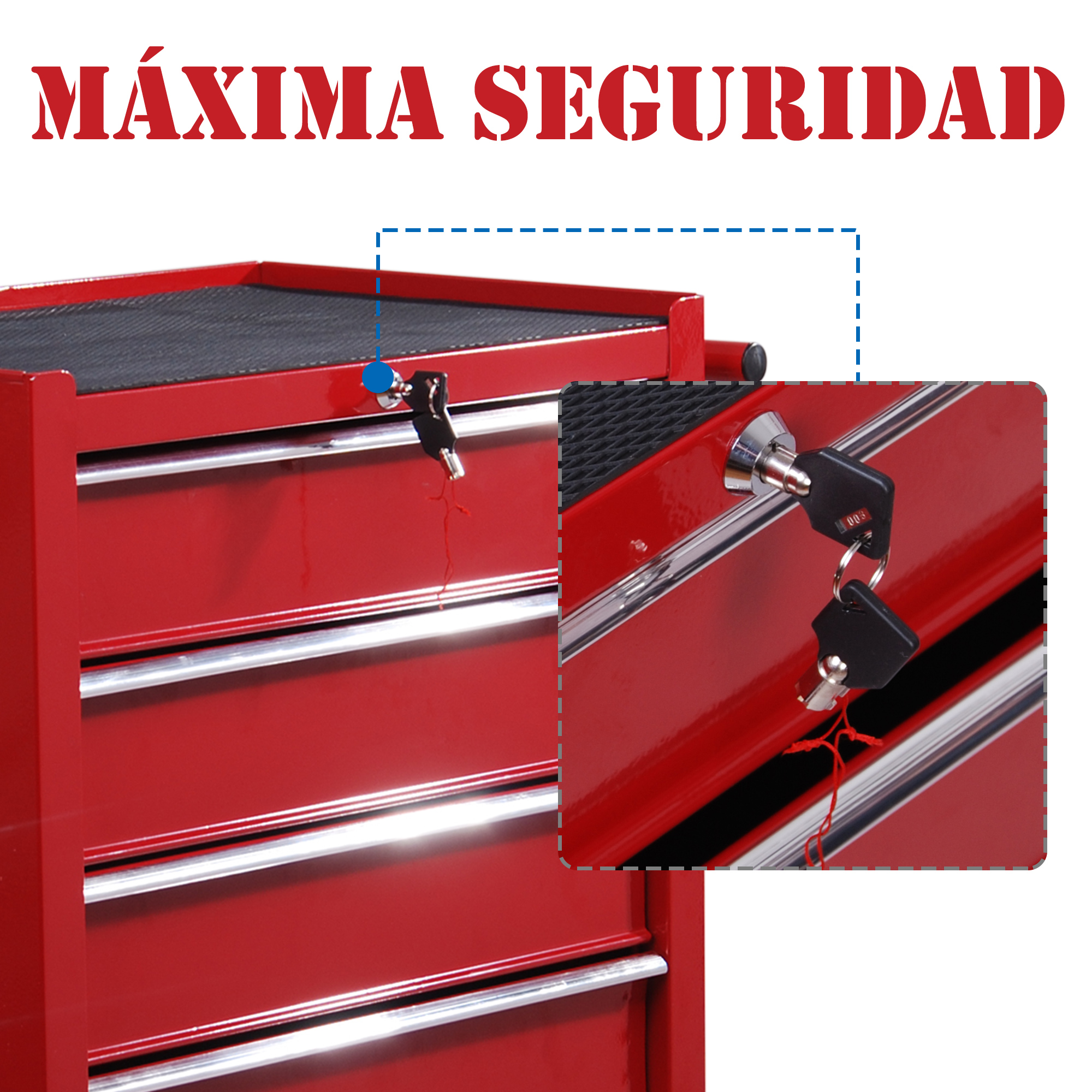 Carro de herramientas rojo con cajones y cerradura con llave, con texto superior MAXIMA SEGURIDAD.