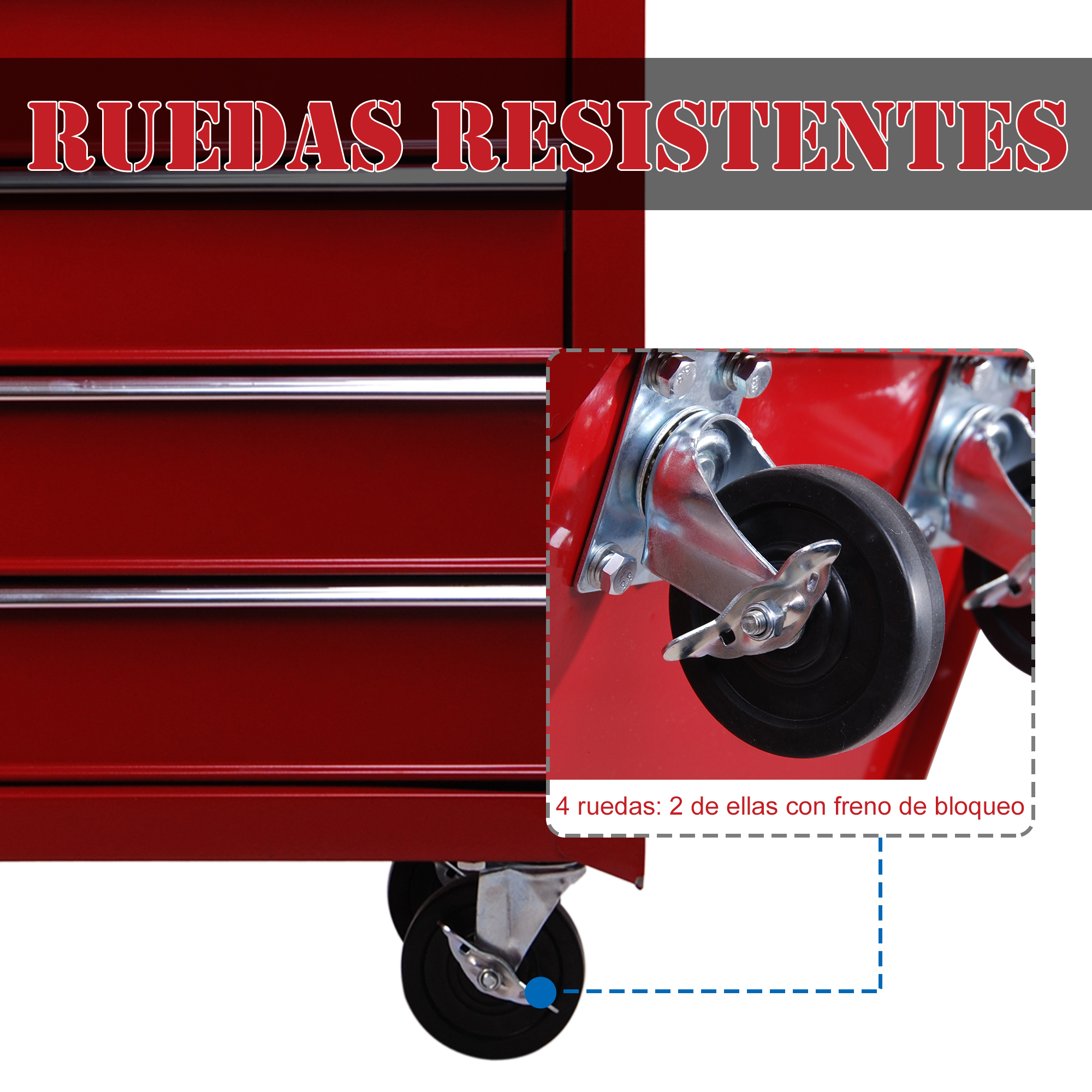 Gabinete de herramientas rojo con ruedas resistentes, detalle destaca las ruedas con freno.