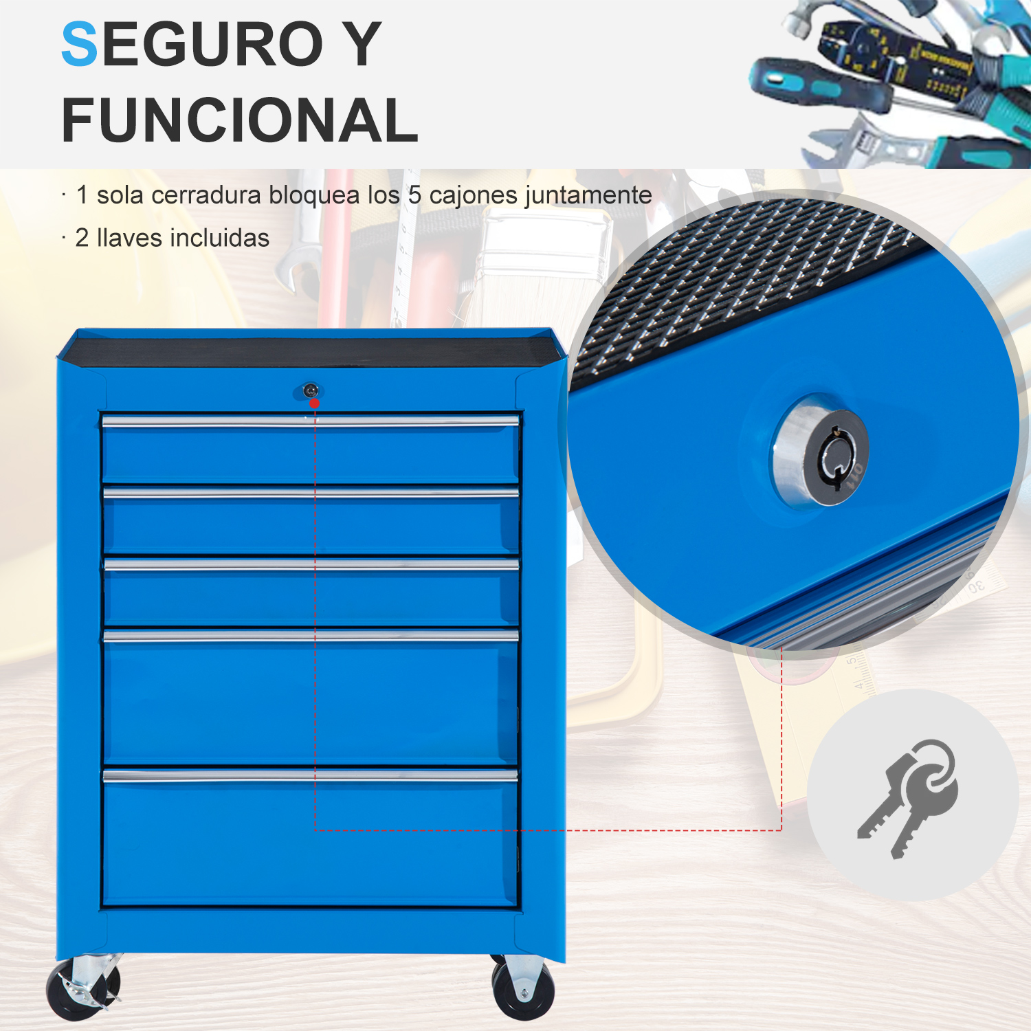 Un carro de herramientas azul con cinco cajones, cerradura central y dos llaves.