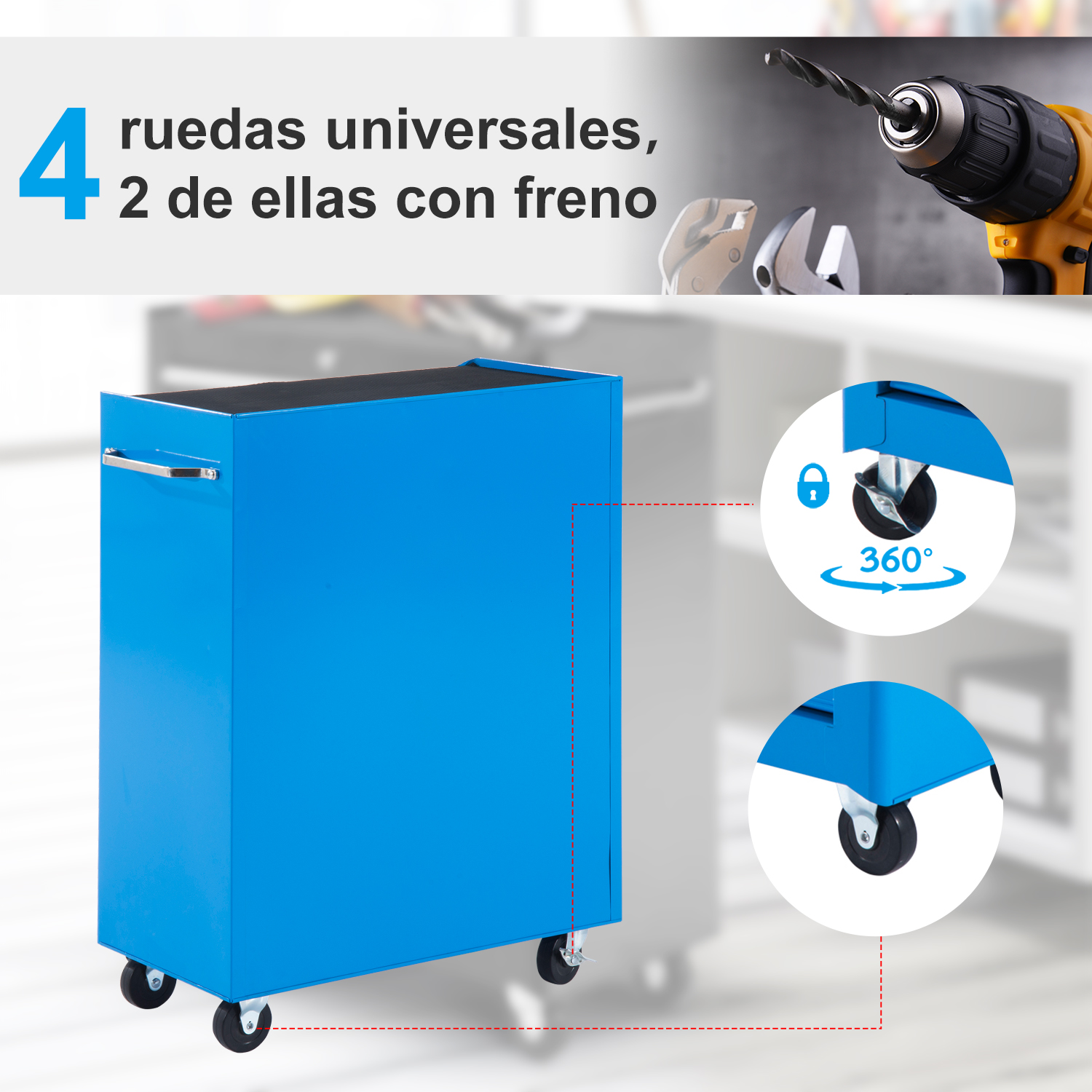 Un armario de herramientas azul con cuatro ruedas de 360 grados, dos con frenos.
