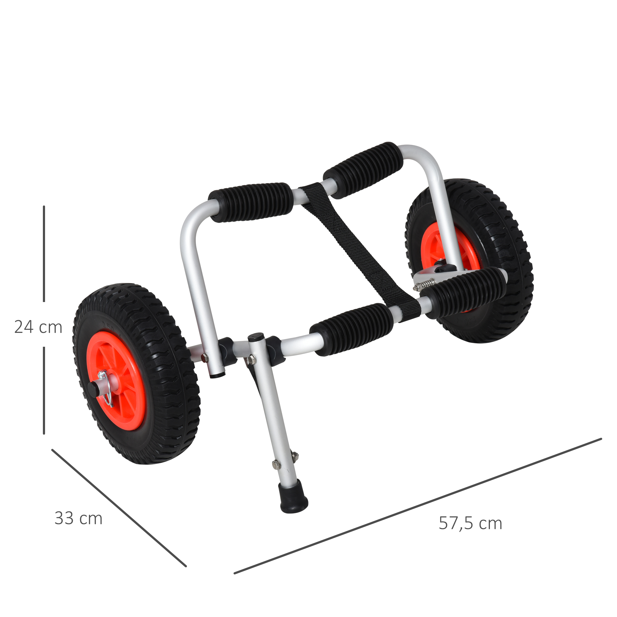 Carro de aluminio para kayak con ruedas rojas, acolchado, soporte y líneas de dimensión sobre fondo blanco.