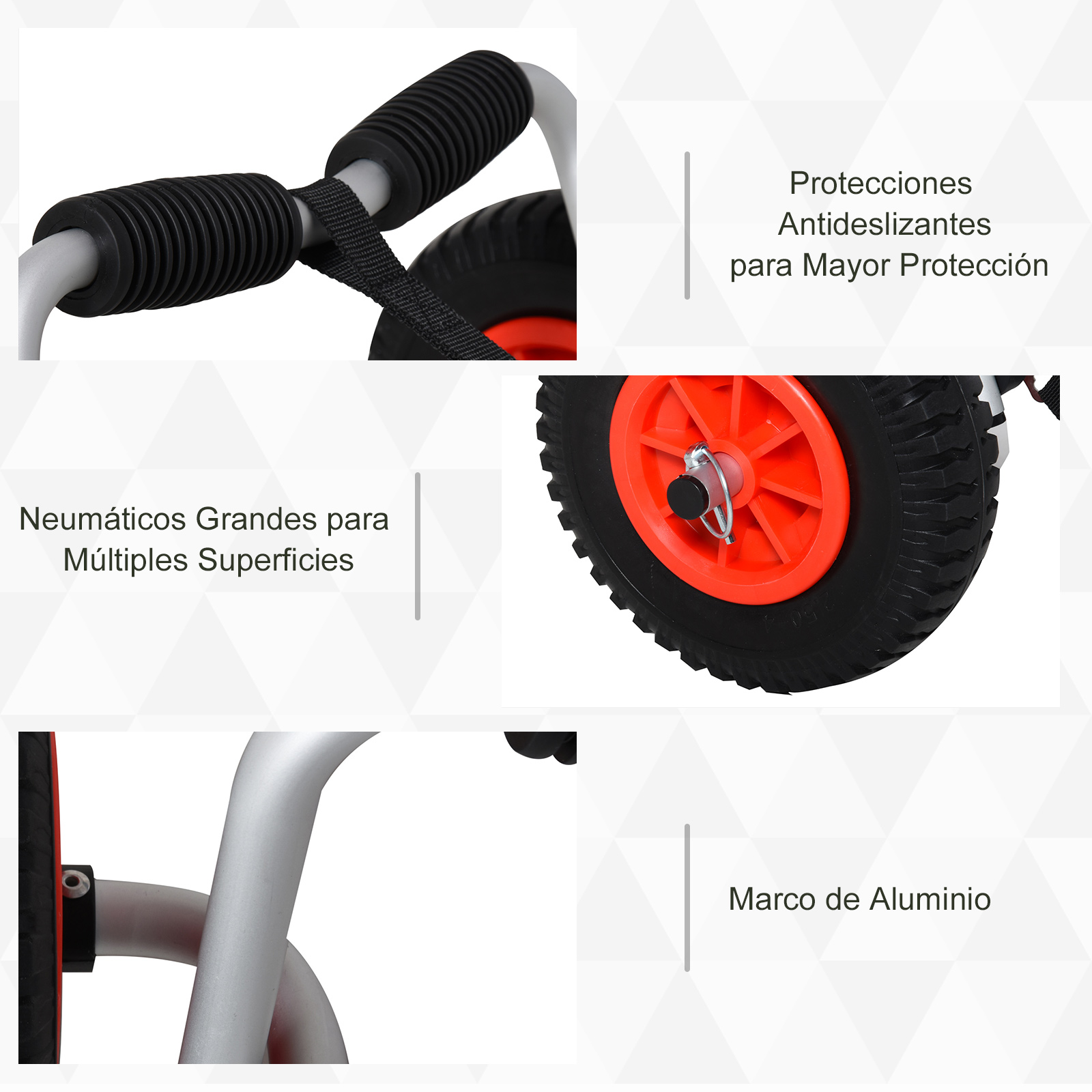 Primeros planos de un carrito con mangos de espuma, una rueda roja grande y un marco de aluminio.