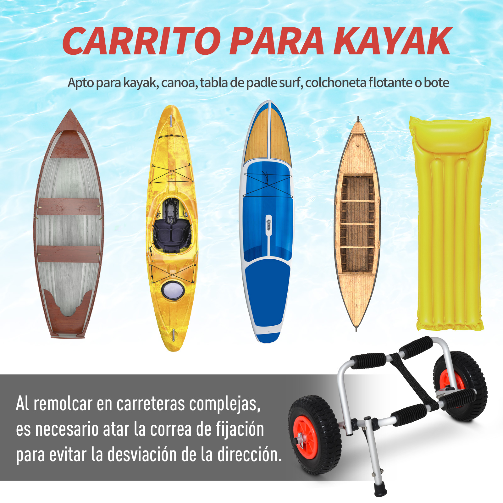 Un carrito para kayak mostrado con varias embarcaciones como kayak, canoa, tabla y balsa.