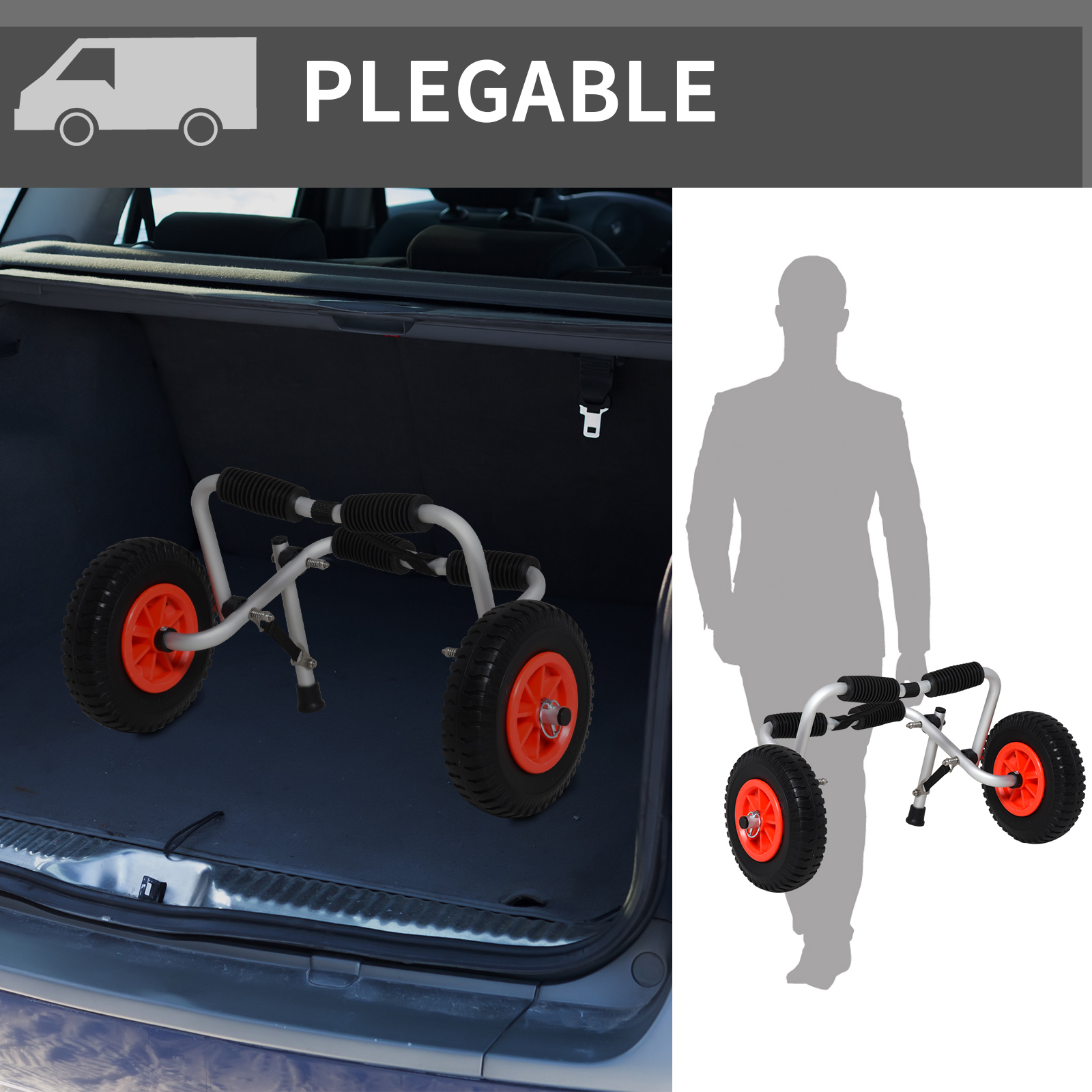 Un carrito de kayak plegable con ruedas rojas y espuma negra, en el maletero de un coche y sostenido por una persona.