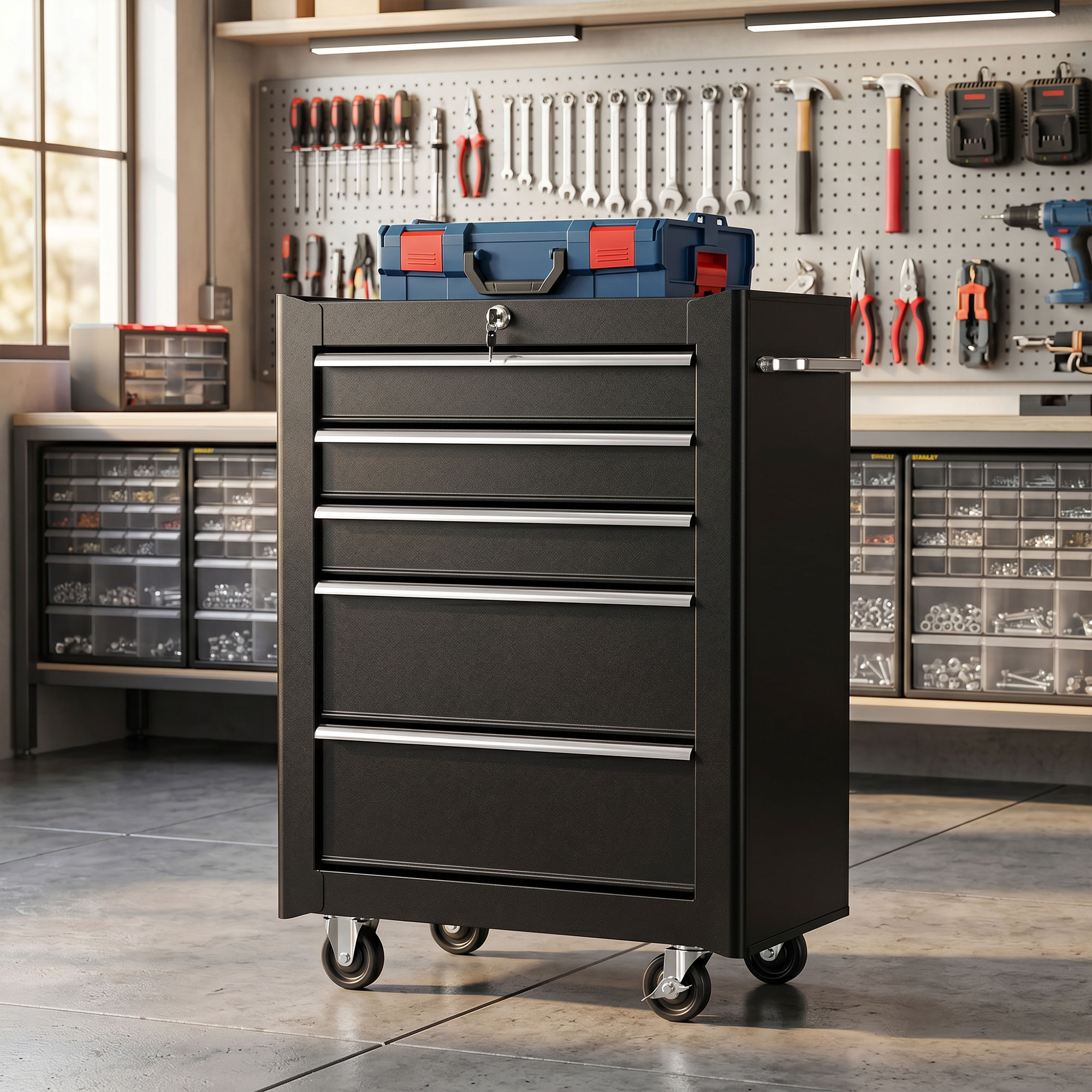 Gabinetes de herramientas negro con cinco cajones y caja azul en un taller.