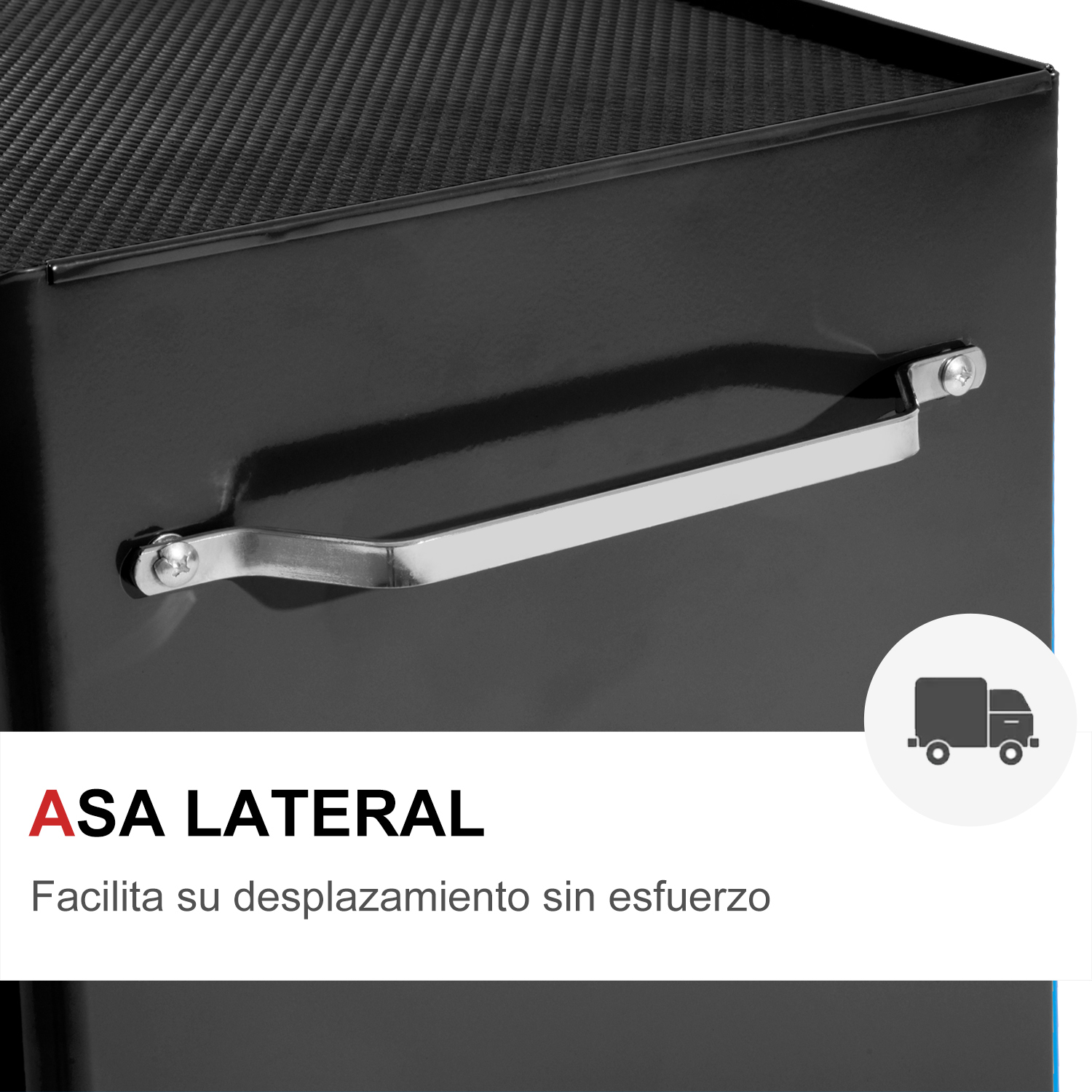 Un mueble metálico negro con tirador plateado y un icono de camión. Texto: ASA LATERAL.