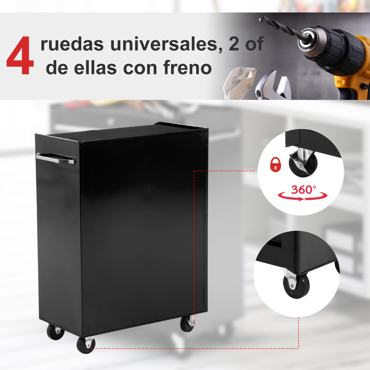 Un carro de herramientas negro con cuatro ruedas de 360 grados, dos con freno, sobre fondo de taller.