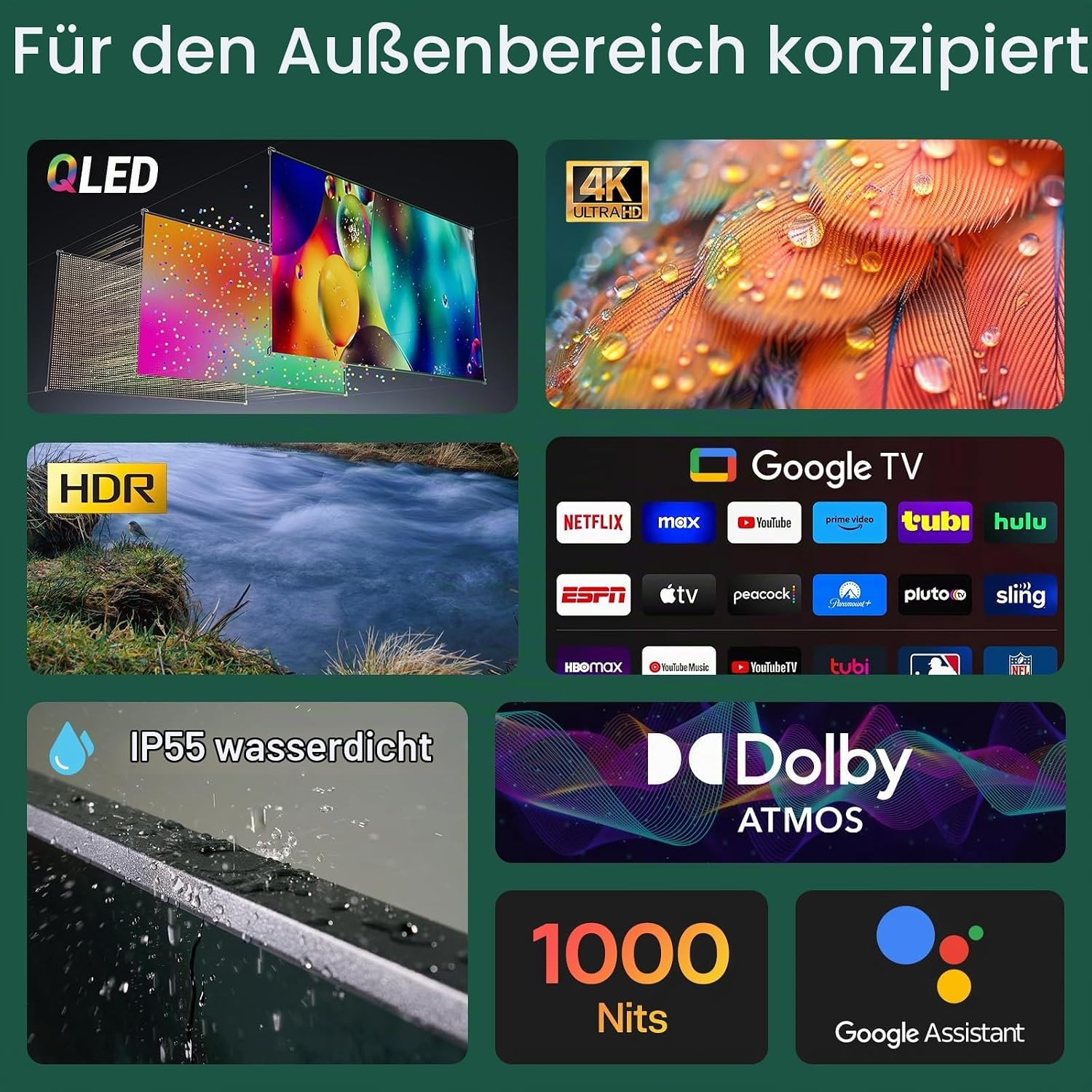 Resumen de funciones de TV como QLED, 4K, HDR, Google TV, IP55 impermeable, Dolby Atmos, 1000 nits y Google Assistant.