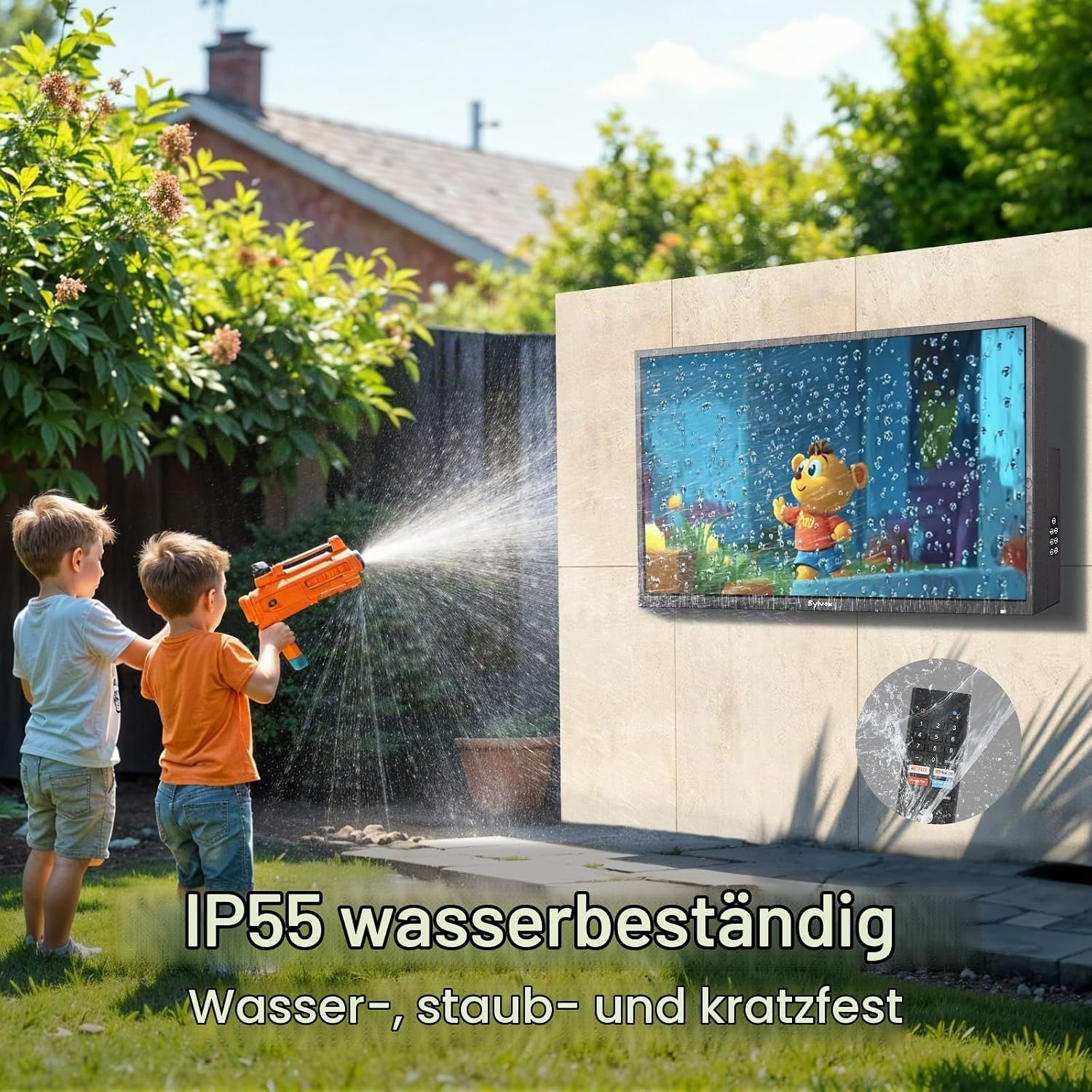 Dos niños rocían agua con una pistola de juguete a un televisor resistente a la intemperie en un muro.