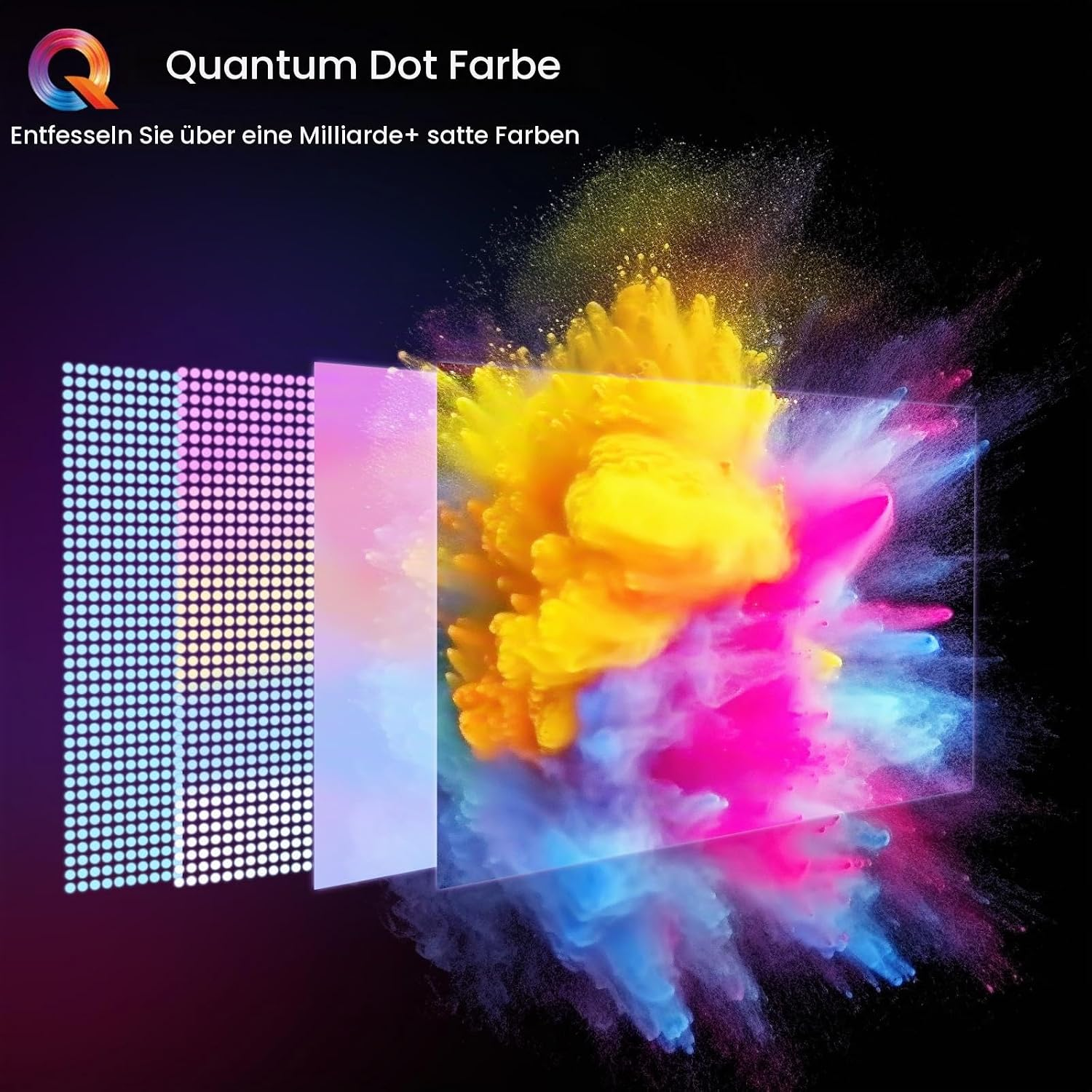 Gráfico que muestra la tecnología de pantalla Quantum Dot con una vibrante explosión de color sobre fondo negro.