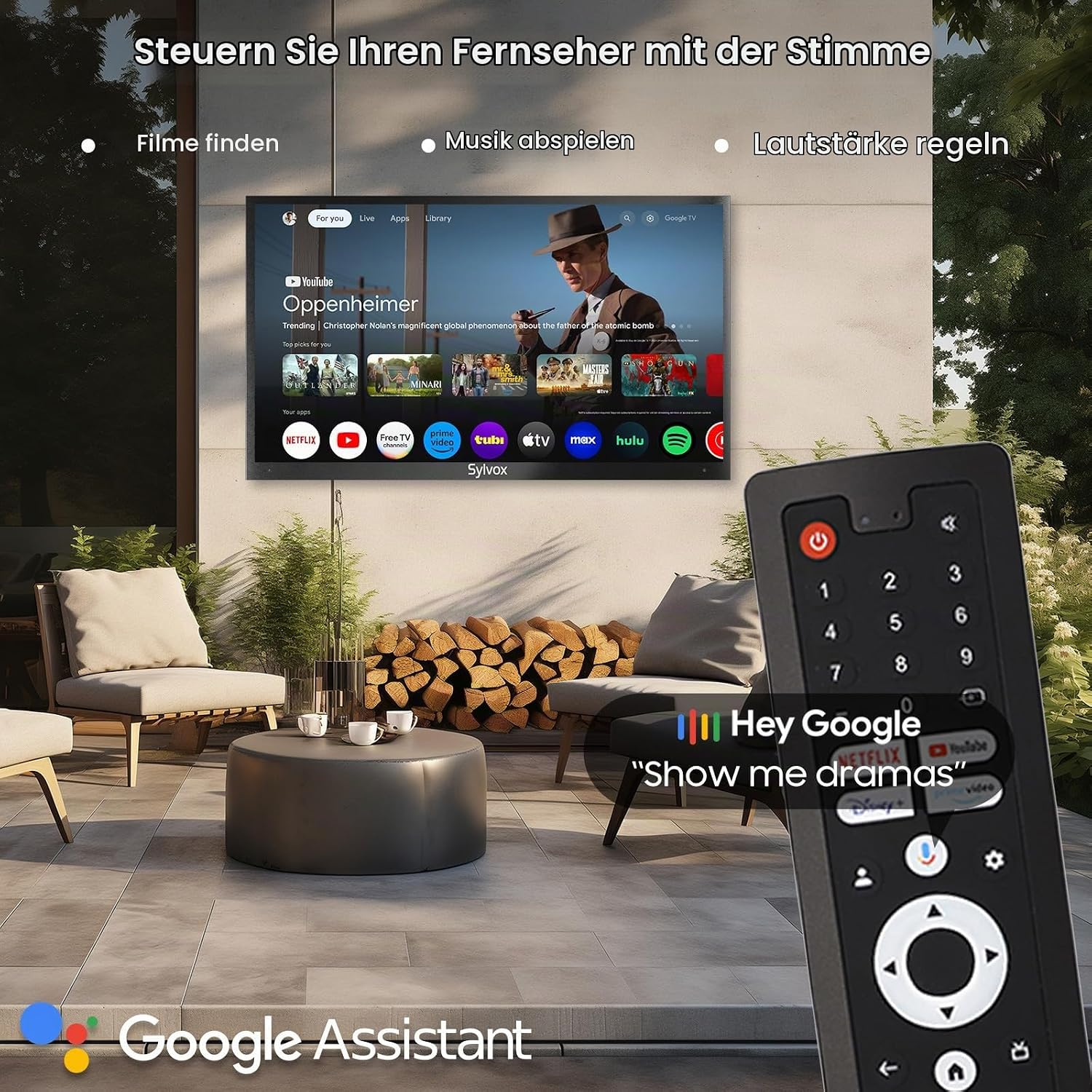Un control remoto apunta a un televisor en una terraza soleada.