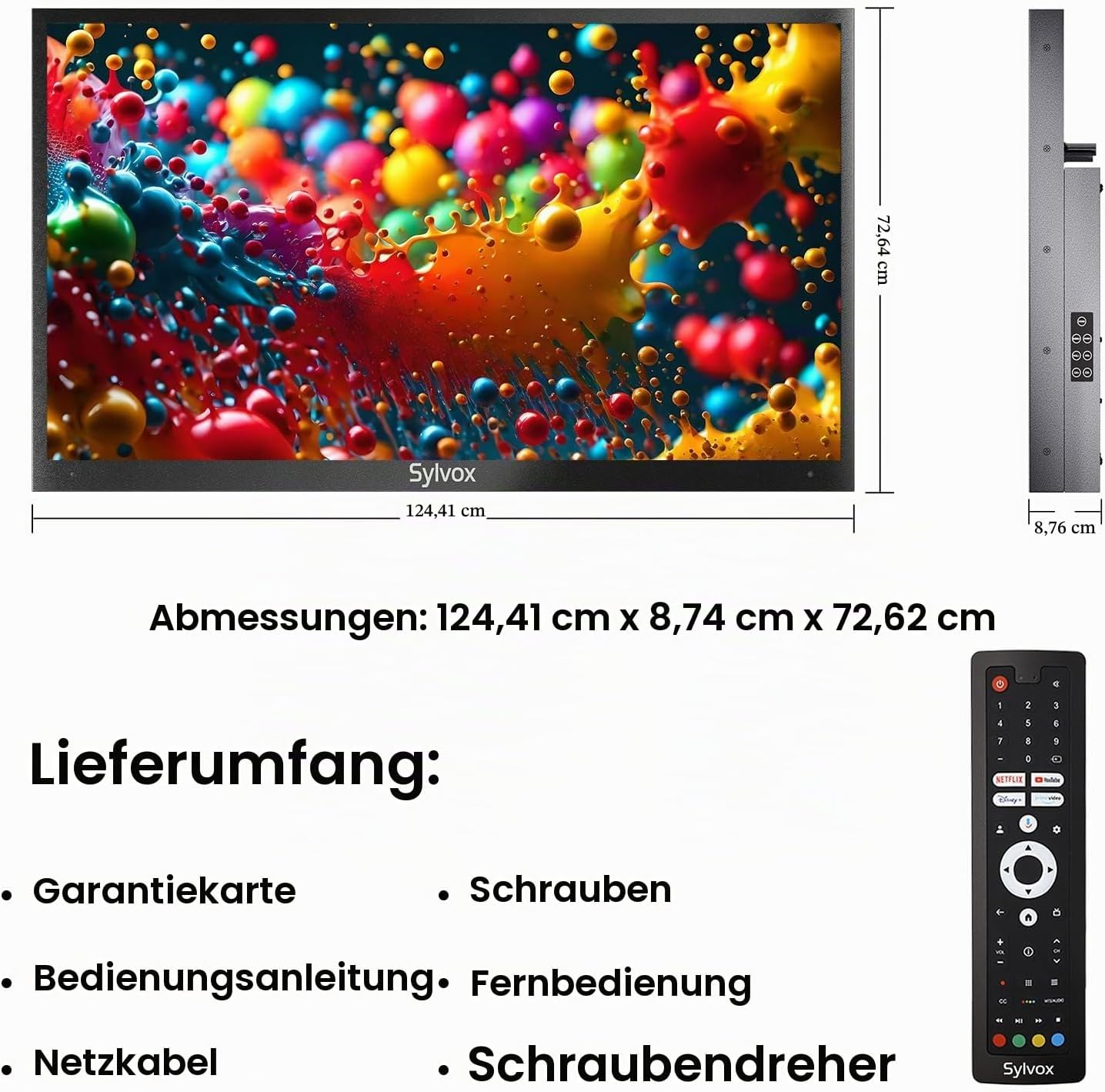 Dimensiones y accesorios incluidos de un televisor Sylvox con pantalla colorida y control remoto.