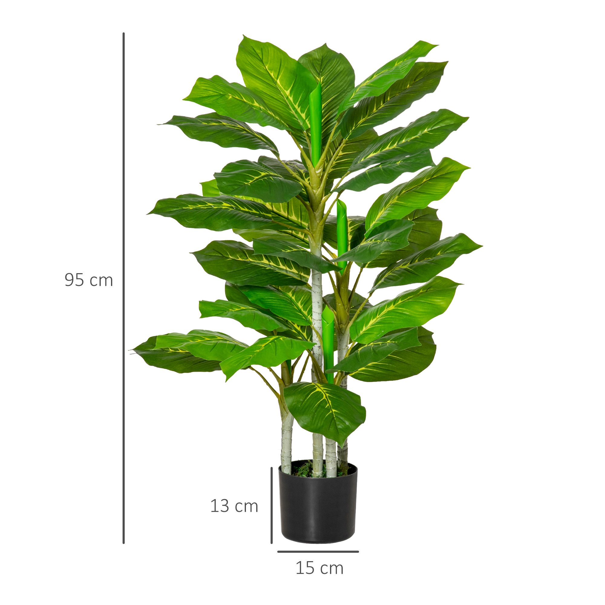 Planta artificial Dieffenbachia con hojas verdes en maceta negra, de 95x15x13 cm.