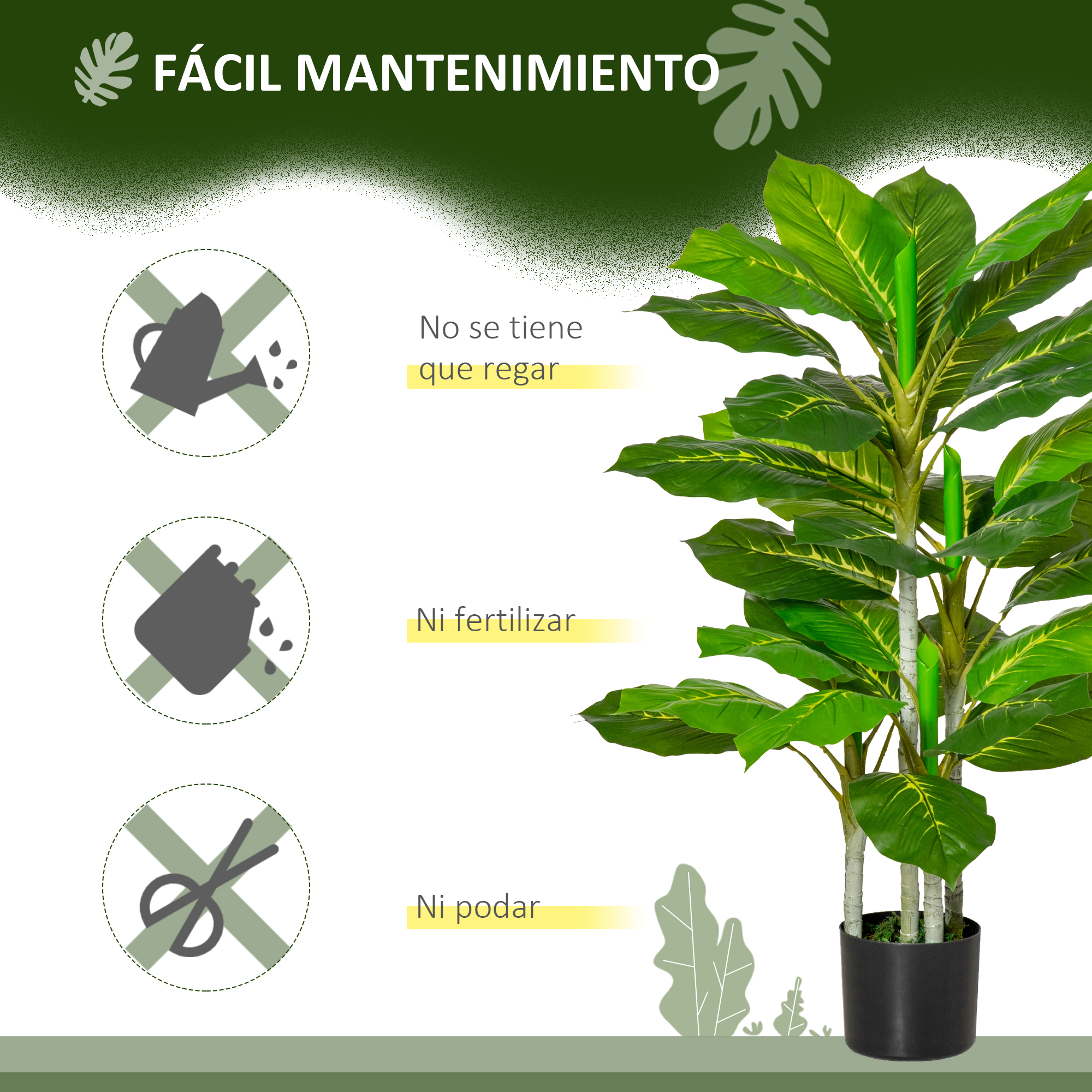 Planta artificial en maceta negra con iconos que indican que no necesita riego ni poda.