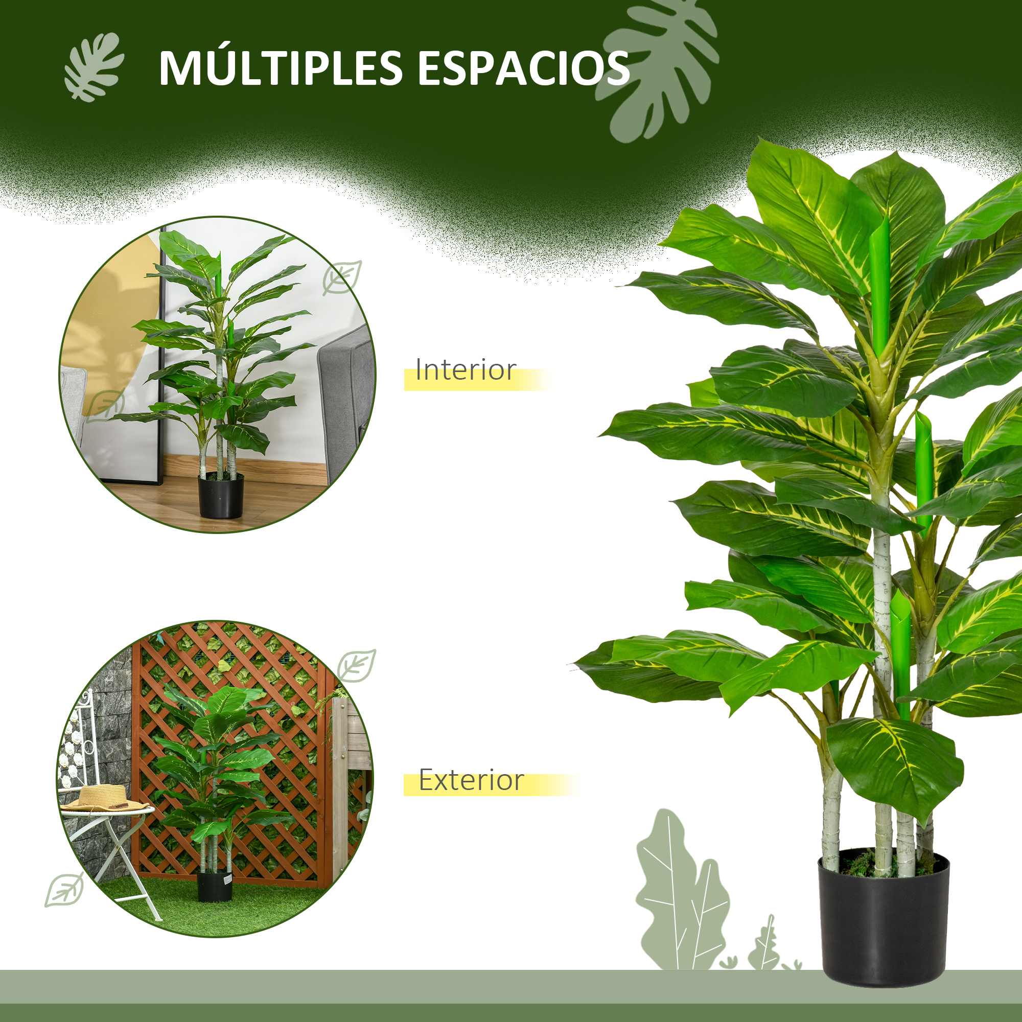 Planta artificial en maceta negra, apta para espacios de interior y exterior.