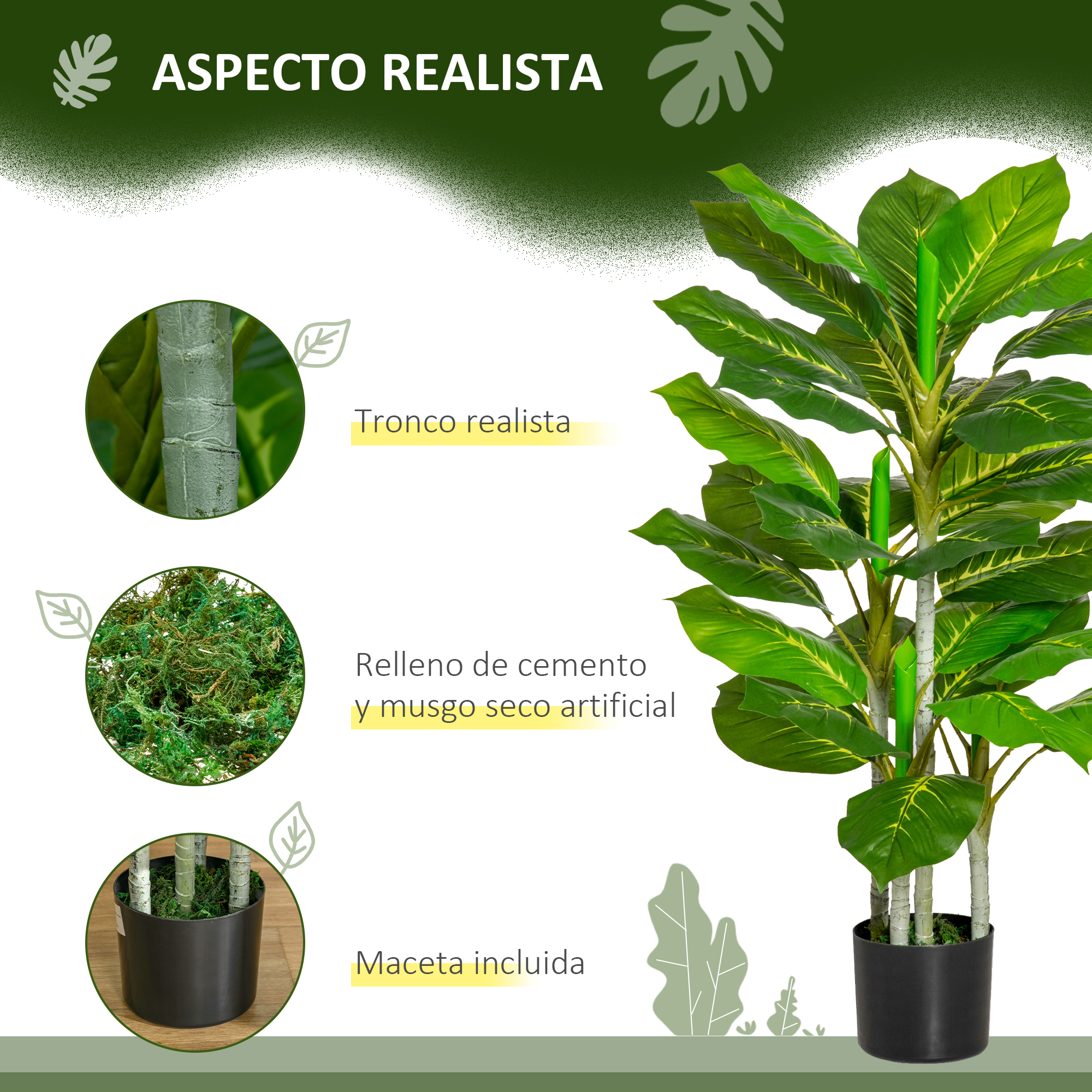 Planta artificial con tronco realista, base de cemento con musgo y maceta negra.