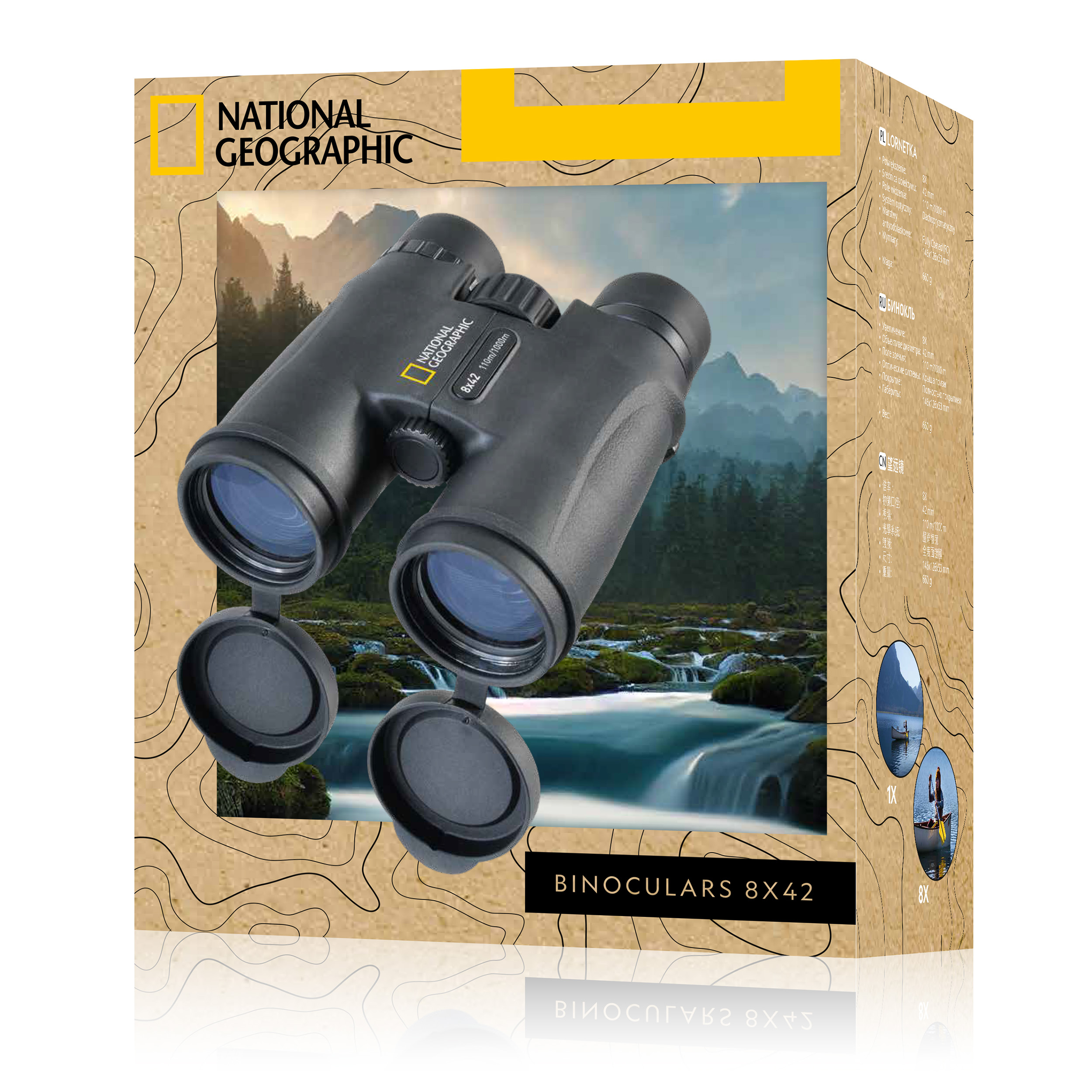 Binocolo National Geographic 8x42 su scatola di cartone con paesaggio montano e fluviale.