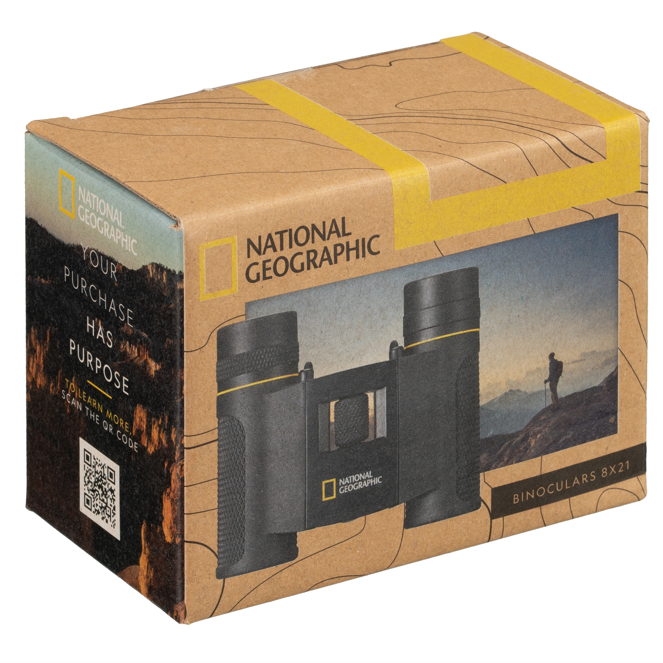 Una caja de cartón con prismáticos National Geographic 8x21, imágenes de la naturaleza y código QR.