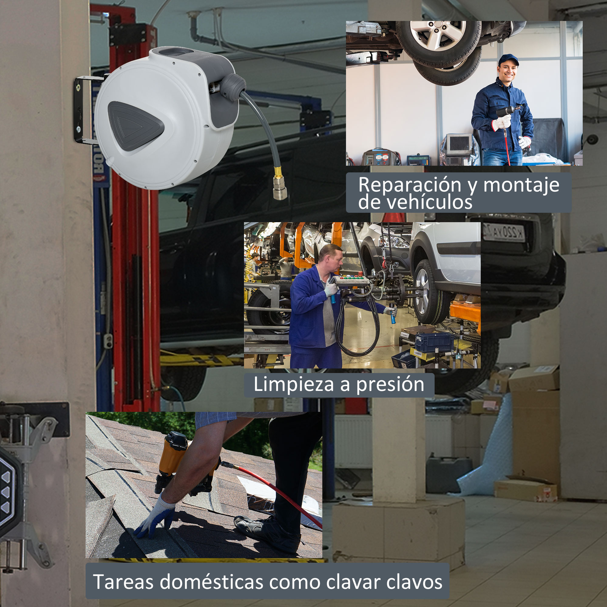 Enrollador de manguera de pared con tres imágenes de reparación de vehículos, limpieza a presión y tejados.